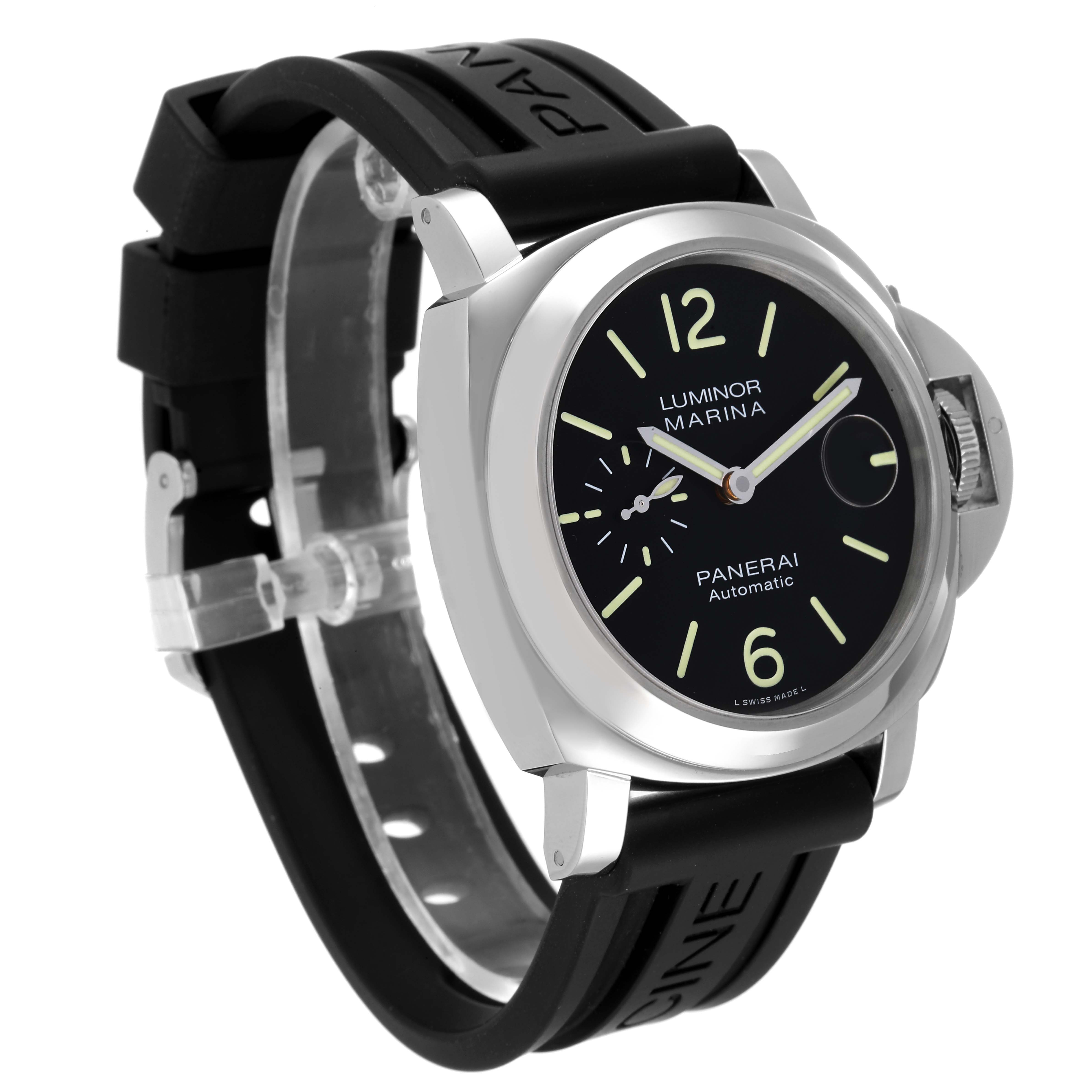 The image shows a Panerai Luminor PAM01104 Men
s Stainless Steel Black Dial PAM01104 Men
s Stainless Steel Black Dial watch at a slightly tilted front angle, highlighting the face, case, and black rubber strap.