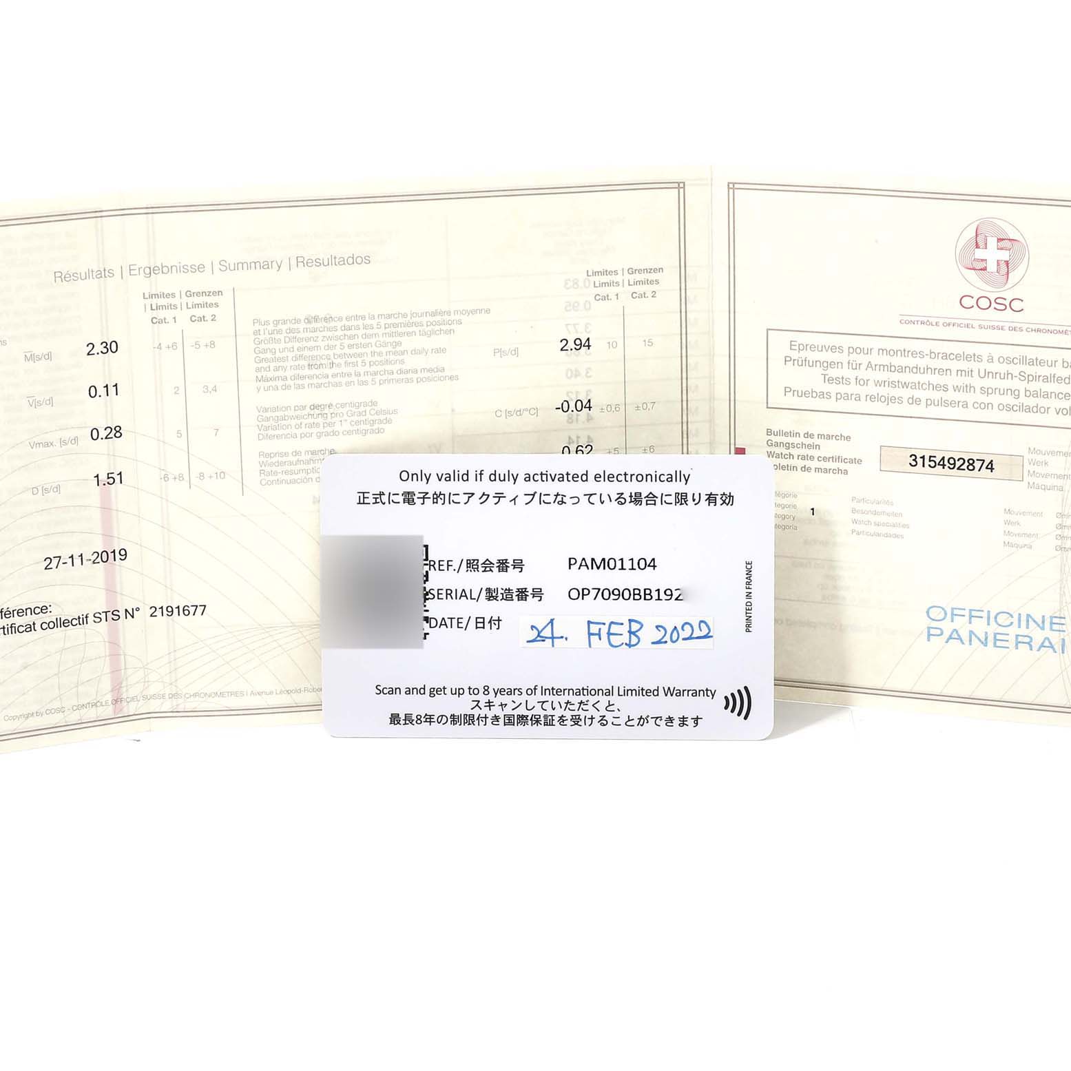 The image shows warranty and certification documents for the Luminor model by Panerai.