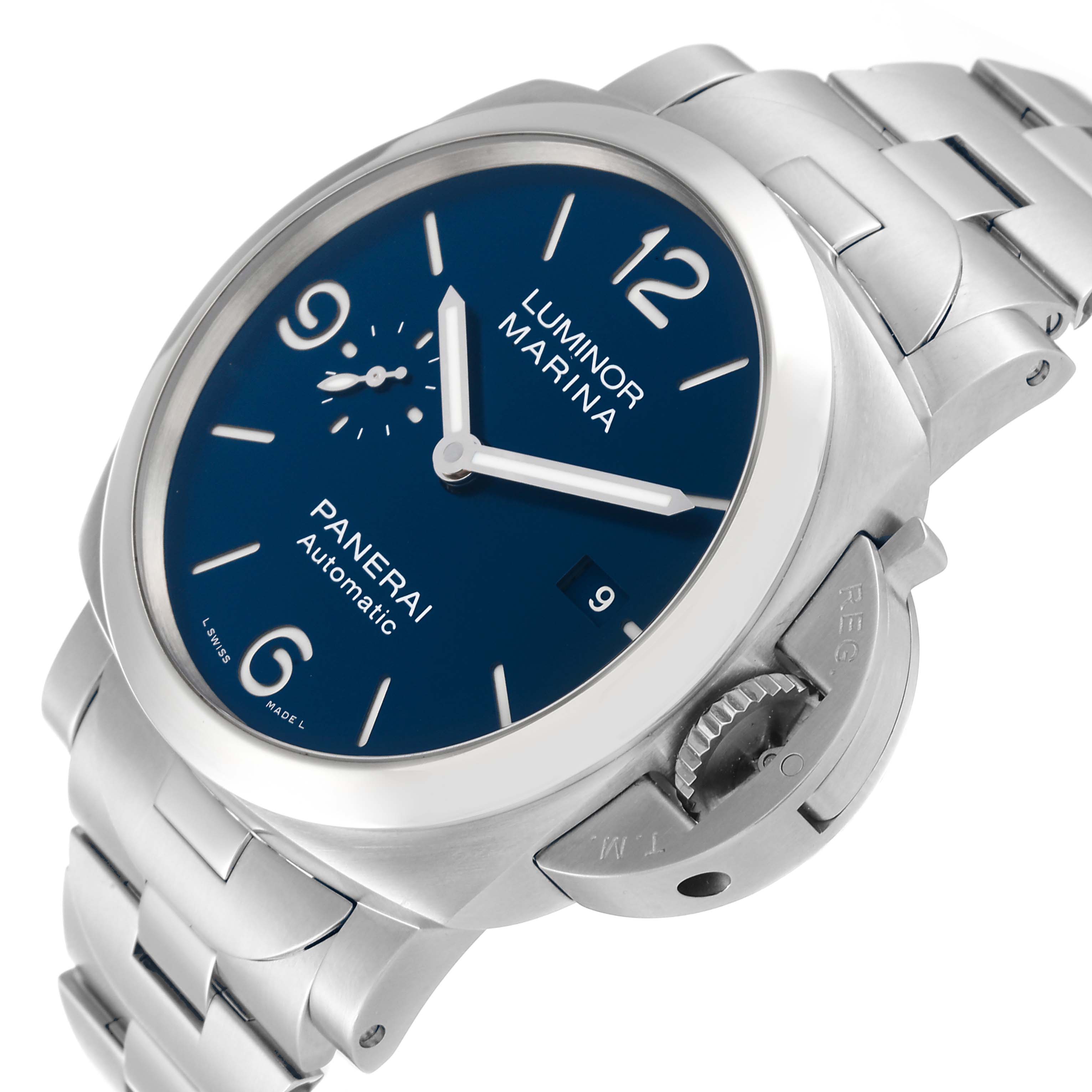 This image shows a Panerai Luminor PAM01316 Men's Stainless Steel Blue Dial PAM01316 Men's Stainless Steel Blue Dial Marina watch at an angle highlighting its blue dial, side crown guard, and metal bracelet.