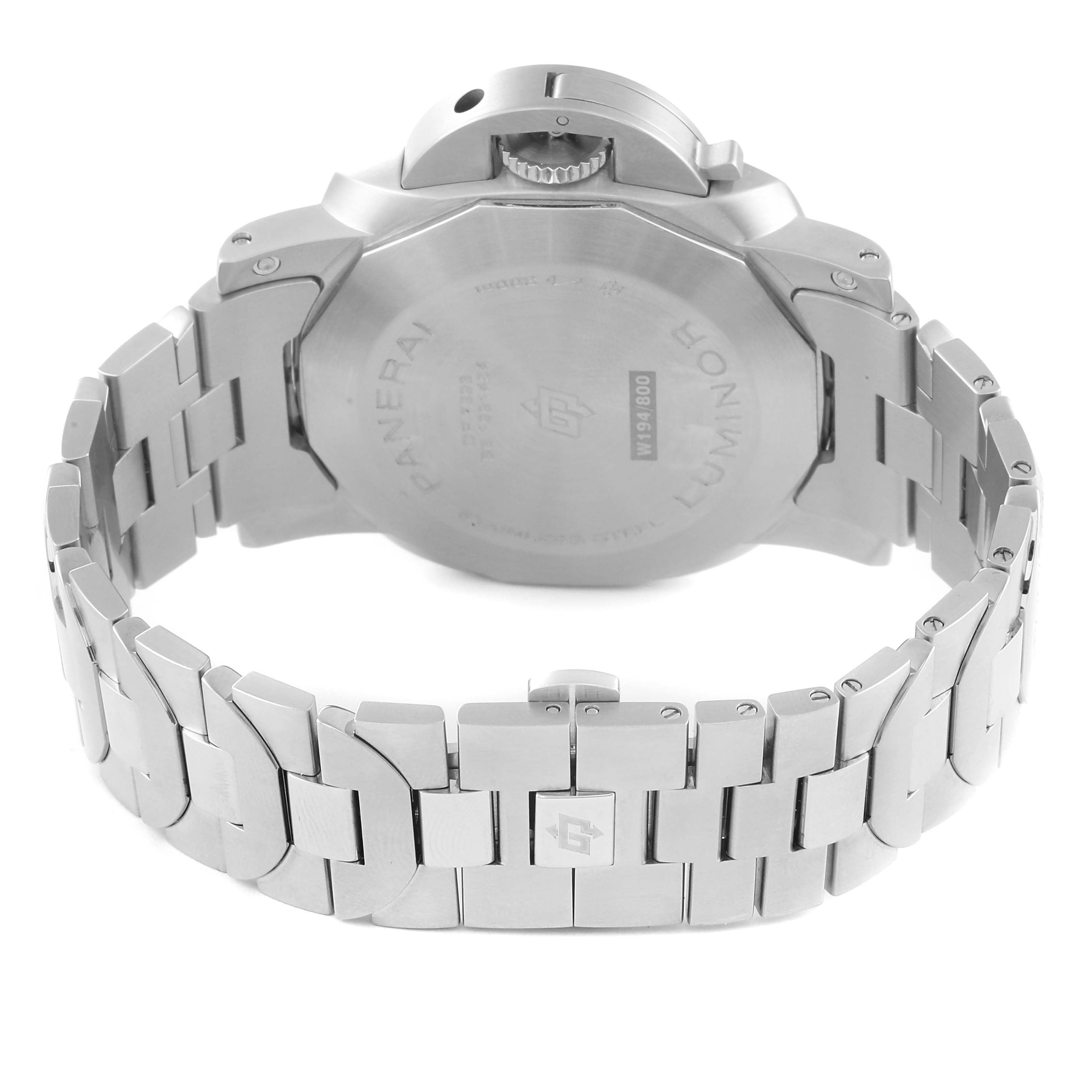 This image shows the back and bracelet of a Panerai Luminor PAM01316 Men's Stainless Steel Blue Dial PAM01316 Men's Stainless Steel Blue Dial watch from a straight-on rear angle.