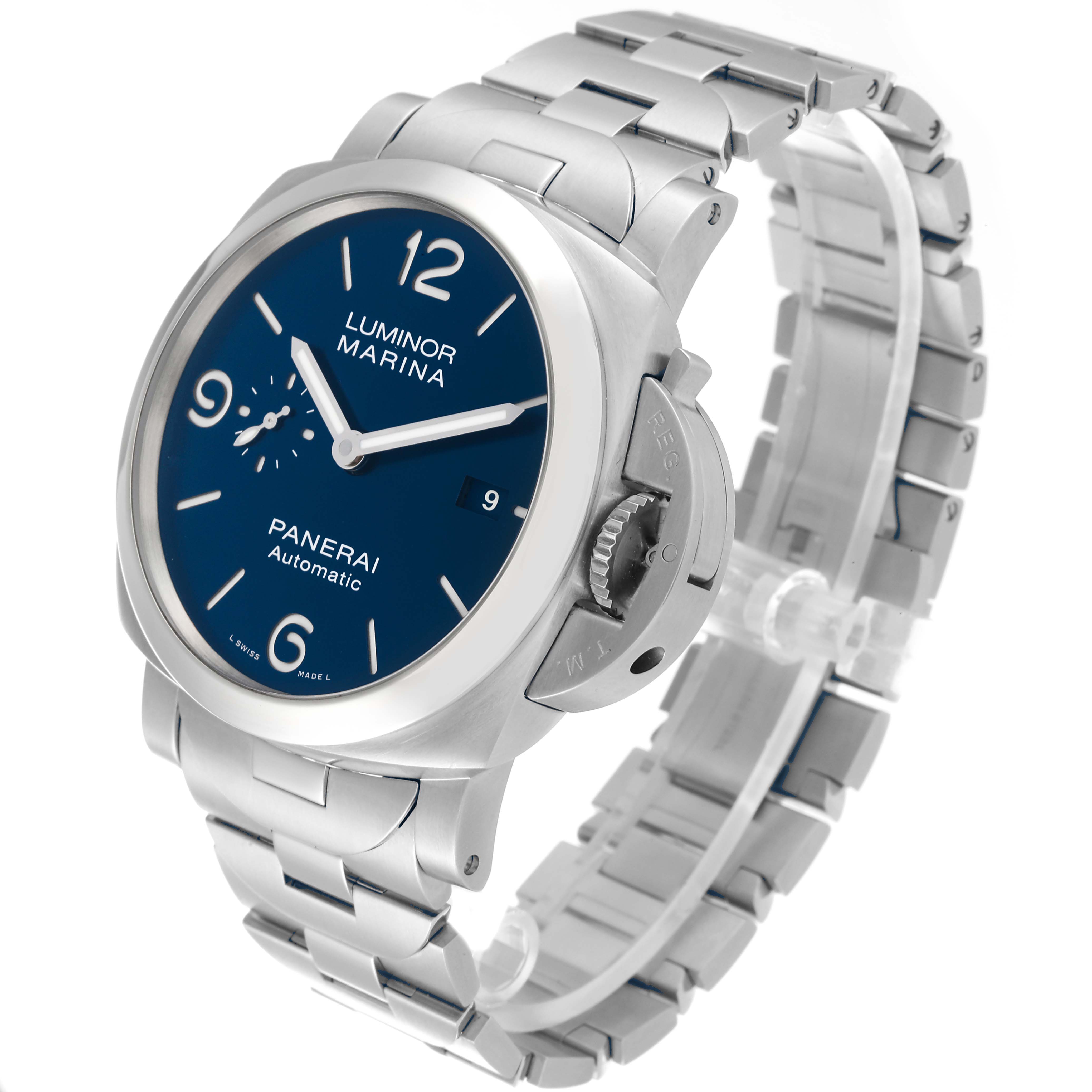 The image shows a Panerai Luminor PAM01316 Men's Stainless Steel Blue Dial PAM01316 Men's Stainless Steel Blue Dial Marina watch at a three-quarter angle, highlighting the blue dial, crown, and bracelet.
