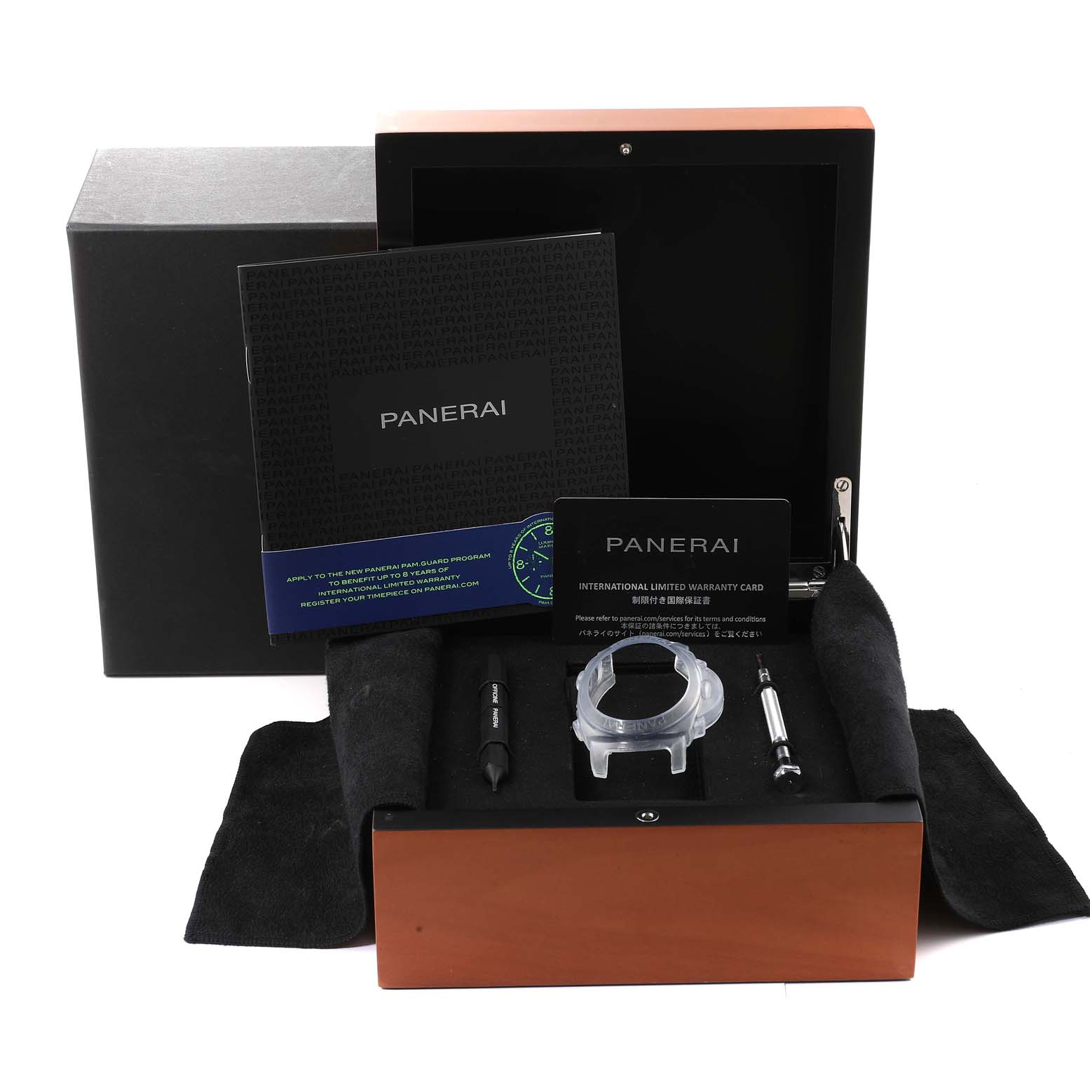 The image shows the packaging and accessories of a Panerai Luminor PAM01316 Men's Stainless Steel Blue Dial PAM01316 Men's Stainless Steel Blue Dial model, including a box, warranty card, and tools.