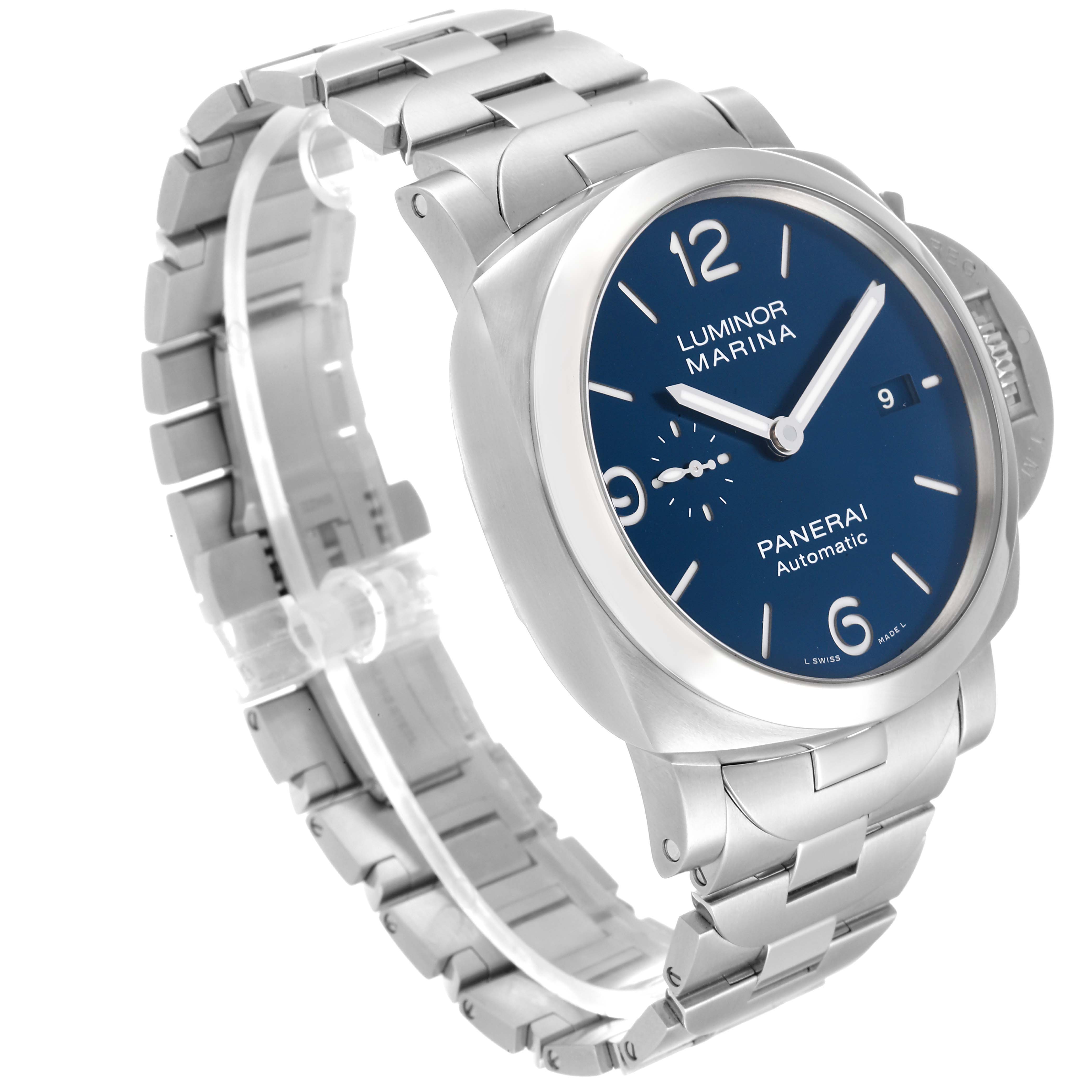 The image shows a Panerai Luminor PAM01316 Men's Stainless Steel Blue Dial PAM01316 Men's Stainless Steel Blue Dial Marina watch at an angle highlighting the face, strap, and side profile.