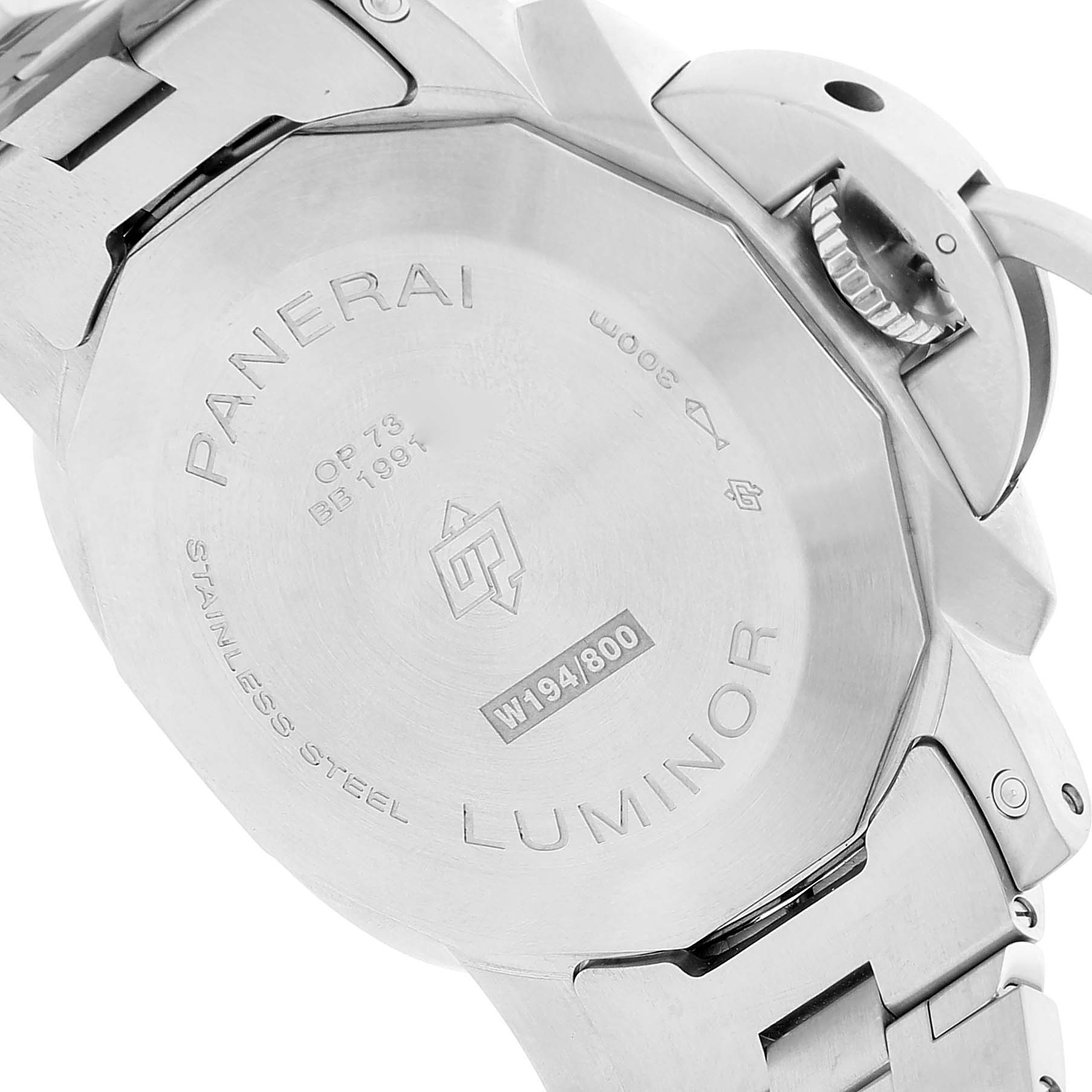 This angled view shows the stainless steel back, crown guard, and part of the bracelet of a Panerai Luminor PAM01316 Men's Stainless Steel Blue Dial PAM01316 Men's Stainless Steel Blue Dial watch.