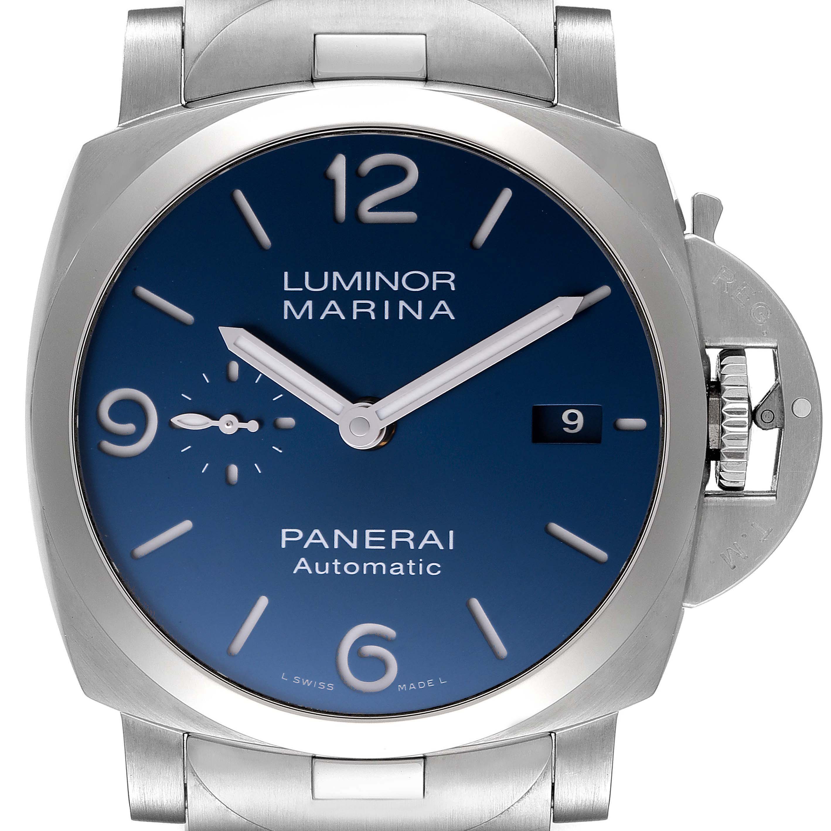 The image shows a front view of a Panerai Luminor PAM01316 Men's Stainless Steel Blue Dial PAM01316 Men's Stainless Steel Blue Dial Marina watch, highlighting its blue dial and distinctive crown guard.