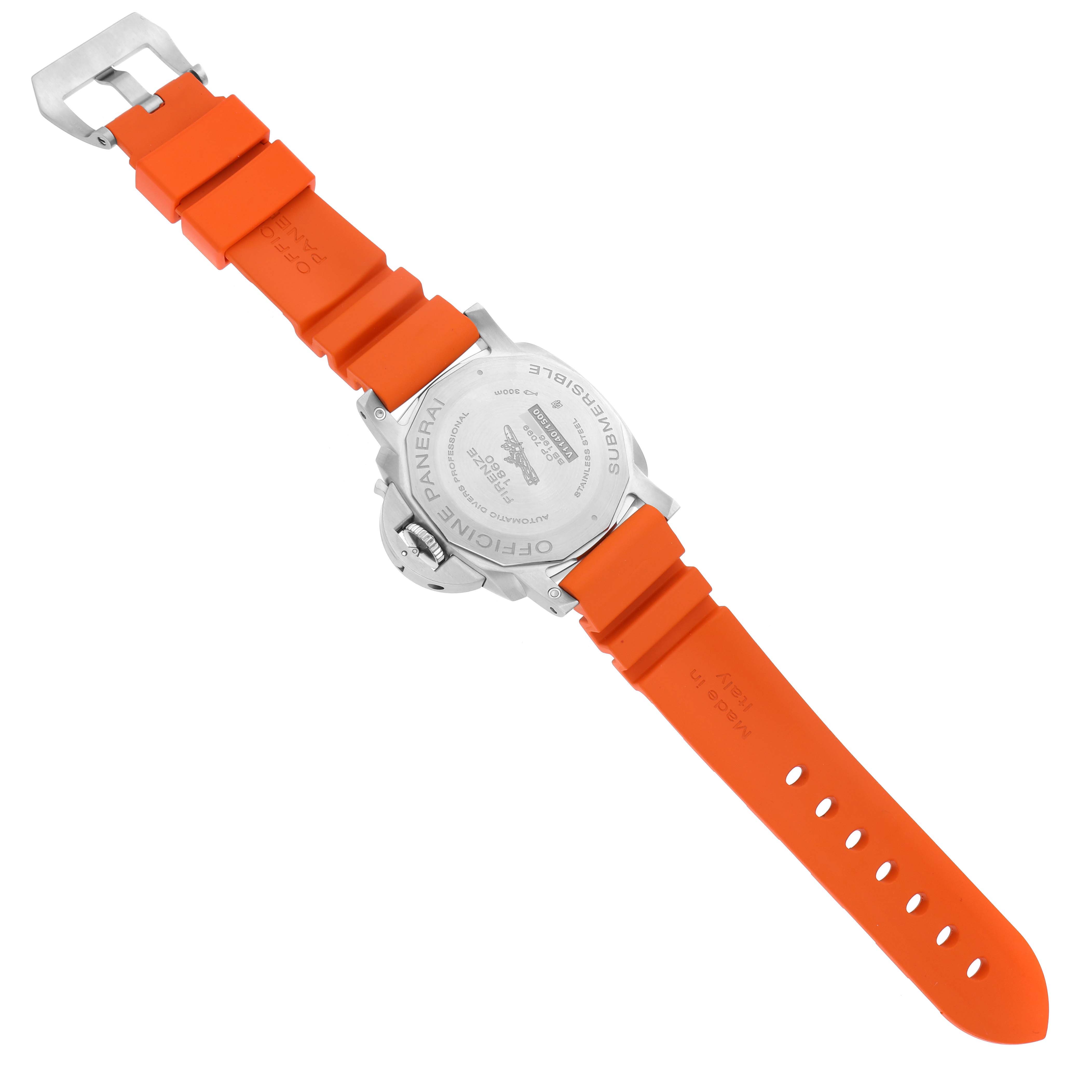 The image shows the back of a Panerai Luminor PAM00683 Men
s Stainless Steel Black Dial PAM00683 Men
s Stainless Steel Black Dial watch with an orange strap, highlighting its case back and clasp.