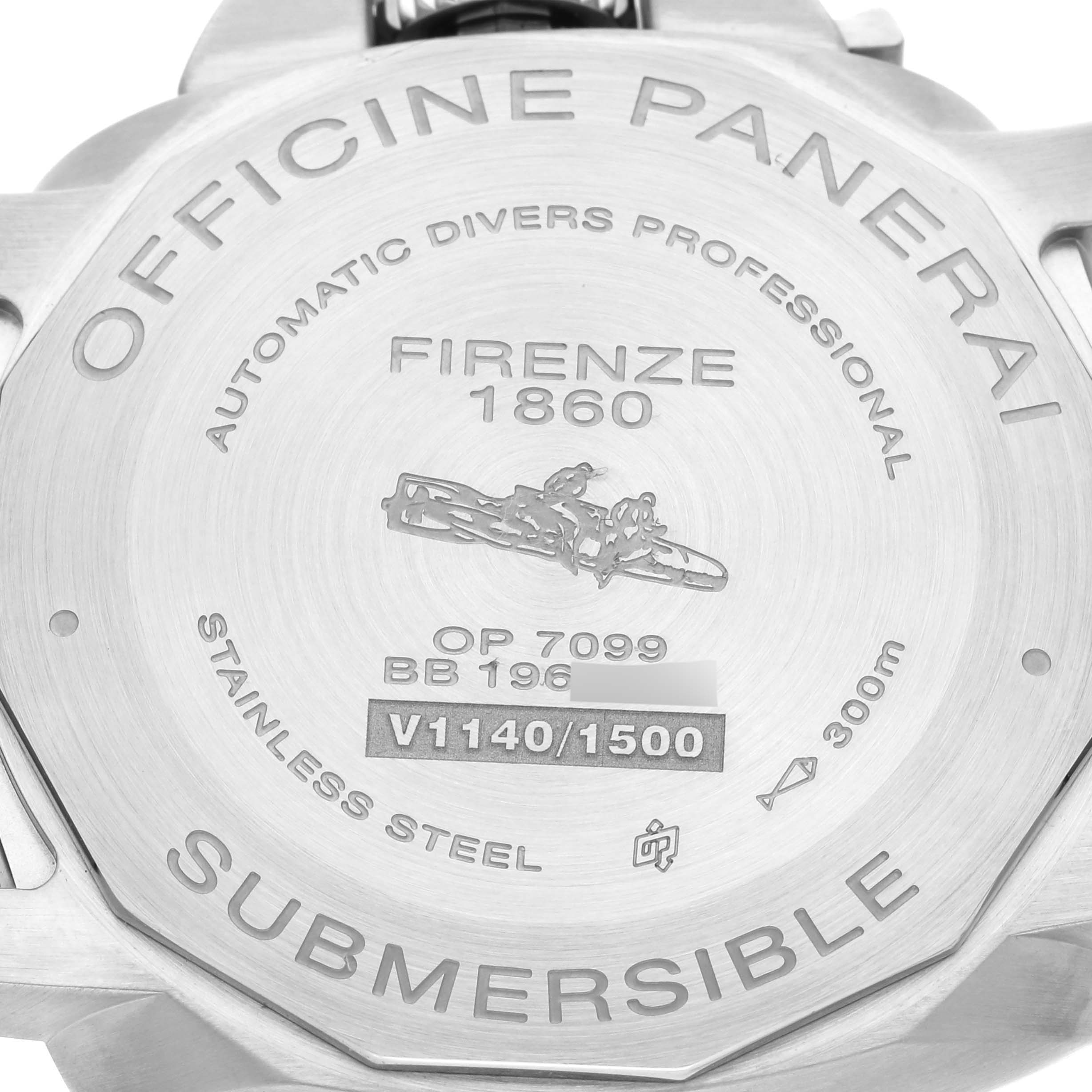 The image shows the back casing of a Panerai Luminor PAM00683 Men
s Stainless Steel Black Dial PAM00683 Men
s Stainless Steel Black Dial Submersible watch, detailing branding and model information.