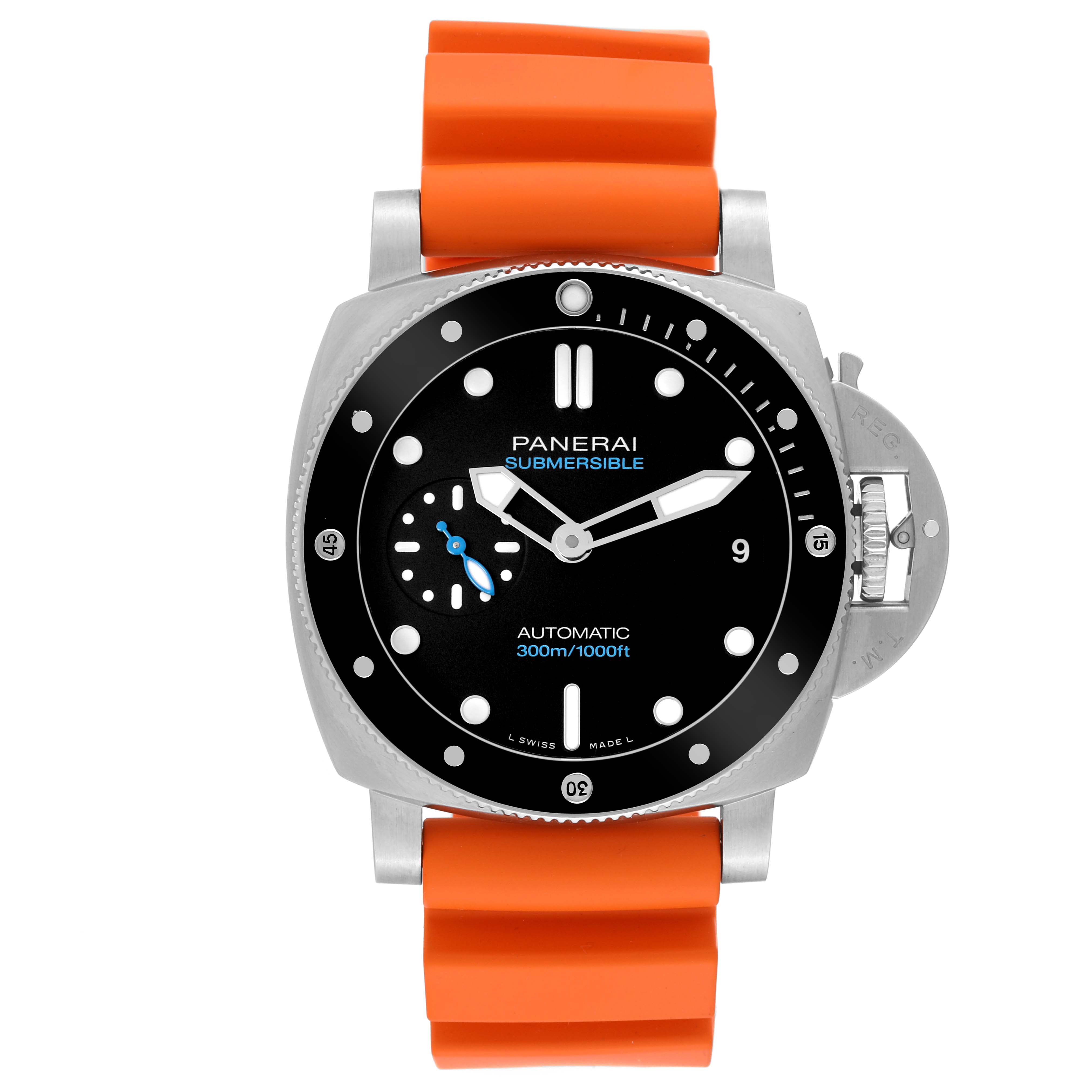This image shows a frontal view of the Panerai Luminor PAM00683 Men
s Stainless Steel Black Dial PAM00683 Men
s Stainless Steel Black Dial Submersible watch with an orange strap.