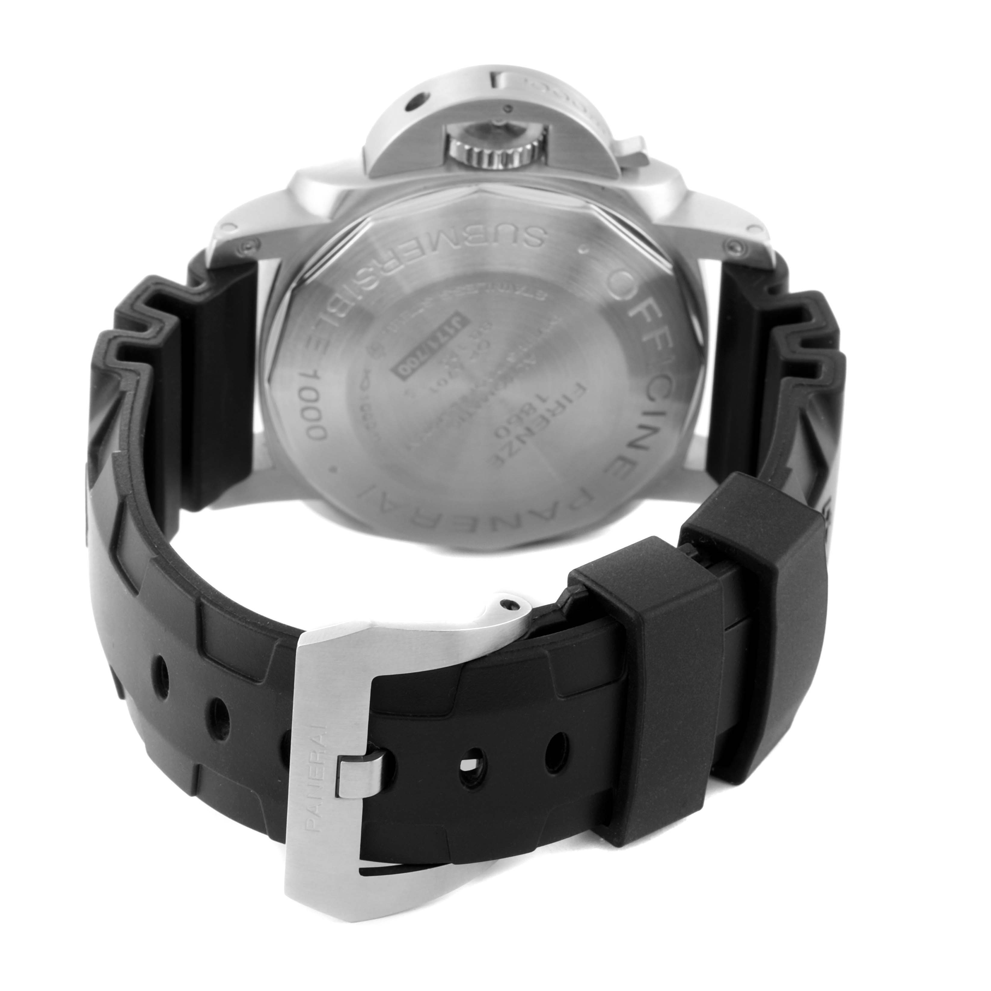 The image shows the back view of a Panerai Submersible PAM00243 Men's Stainless Steel Black Dial PAM00243 Men's Stainless Steel Black Dial watch, highlighting the case back and rubber strap with the buckle.