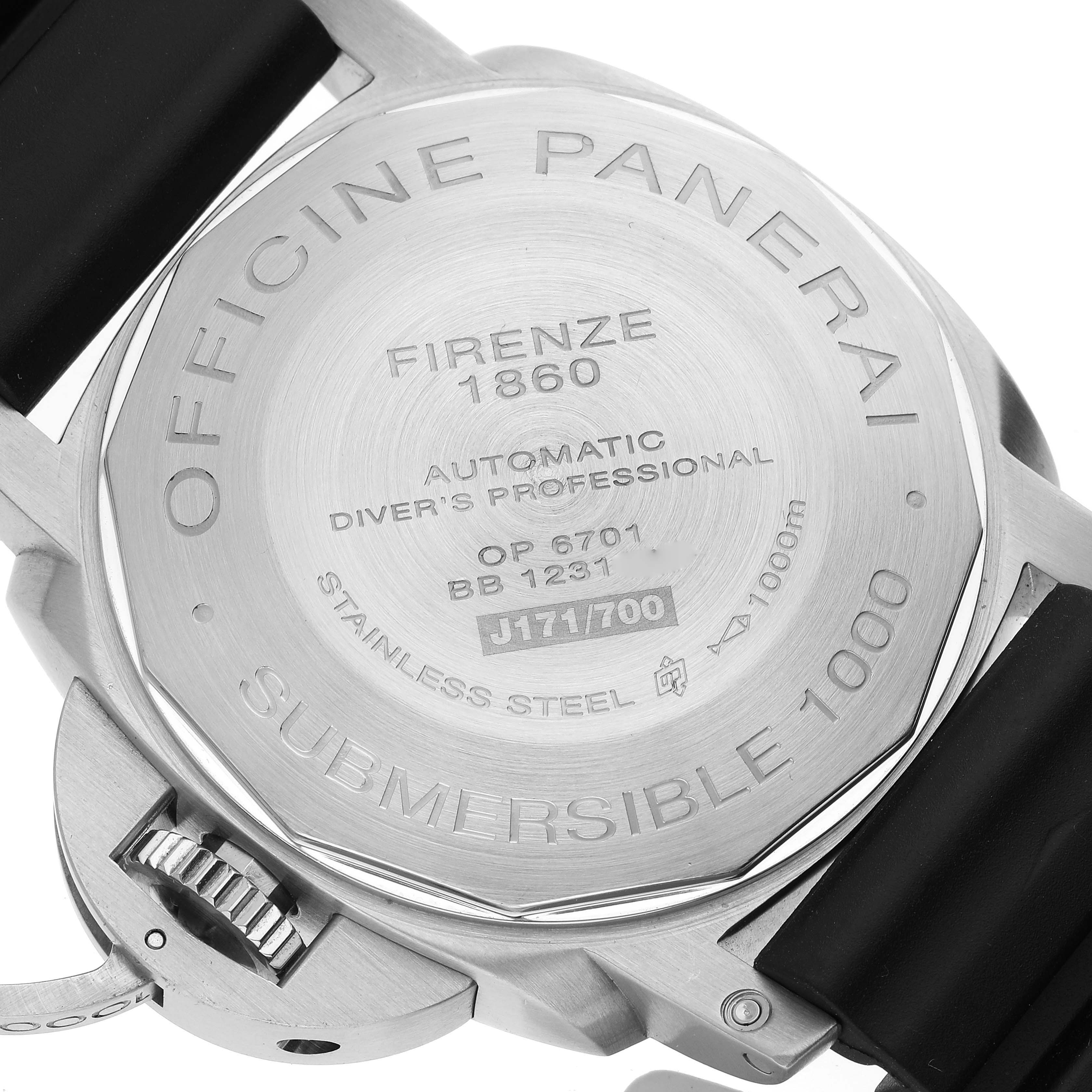 This image shows the case back of the Panerai Submersible PAM00243 Men's Stainless Steel Black Dial PAM00243 Men's Stainless Steel Black Dial watch, highlighting its engravings and stainless steel construction.