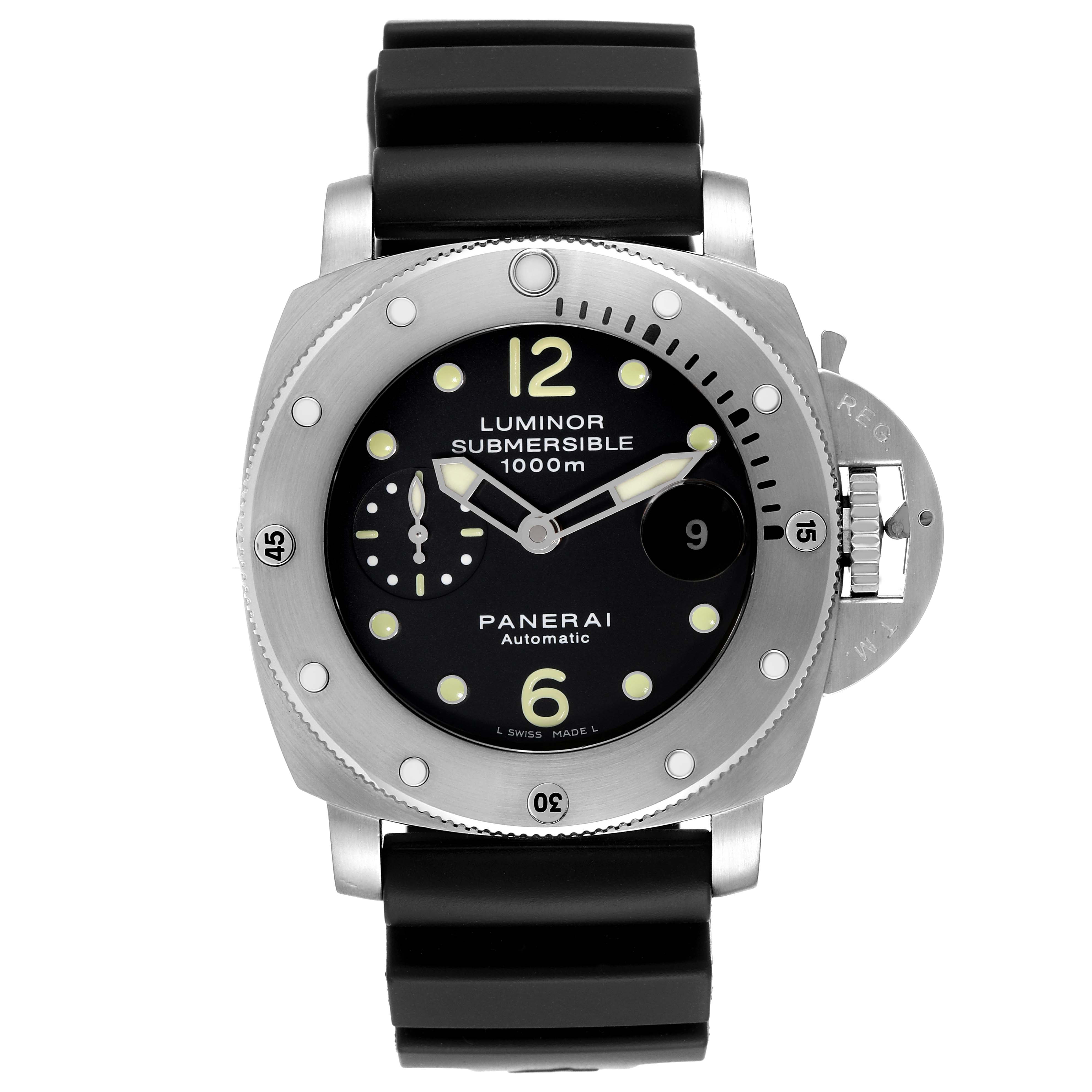 The Panerai Submersible PAM00243 Men's Stainless Steel Black Dial PAM00243 Men's Stainless Steel Black Dial watch is shown from a front angle, displaying the dial, bezel, and strap.