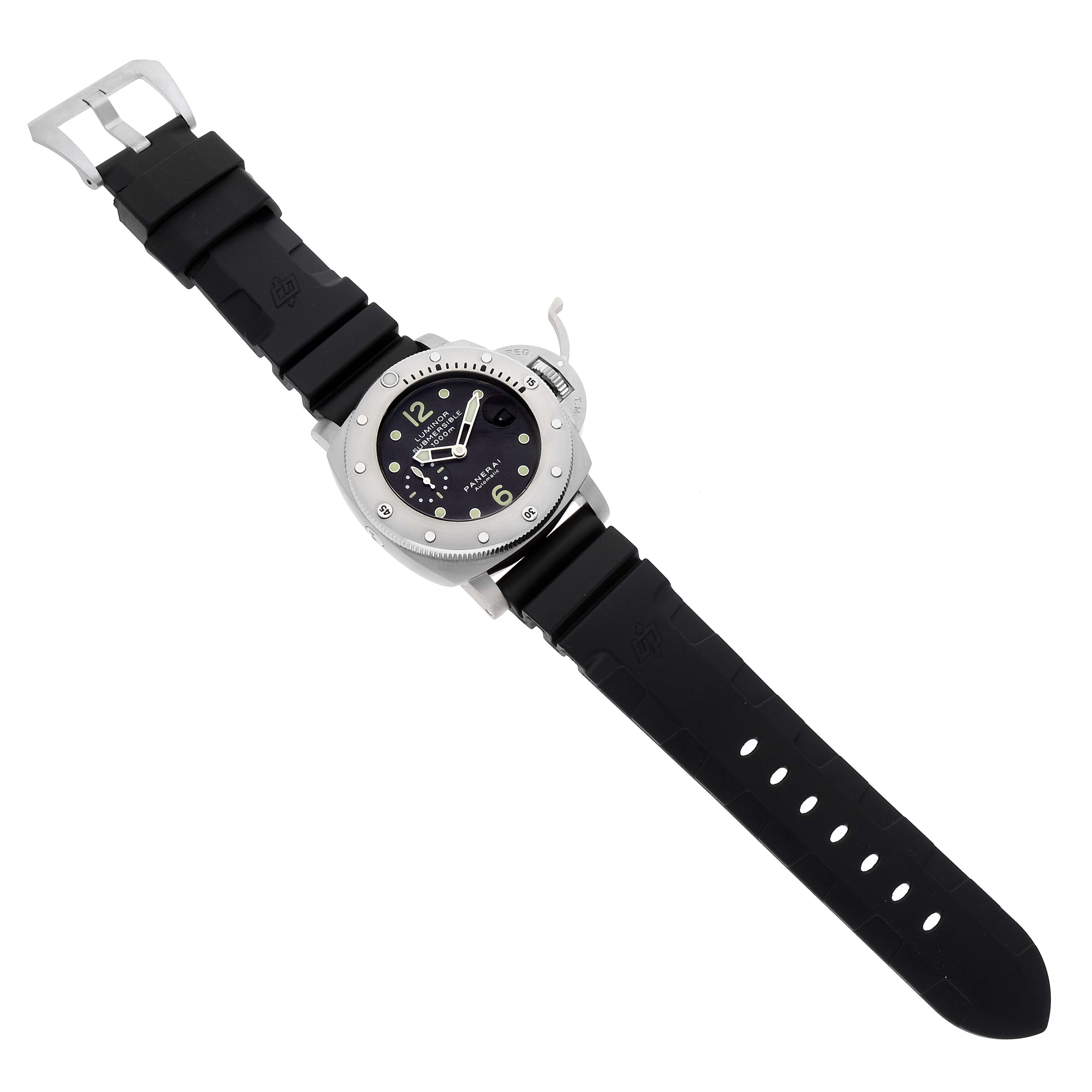 The image shows a top-down view of a Panerai Submersible PAM00243 Men's Stainless Steel Black Dial PAM00243 Men's Stainless Steel Black Dial watch, displaying the watch face and black rubber strap.