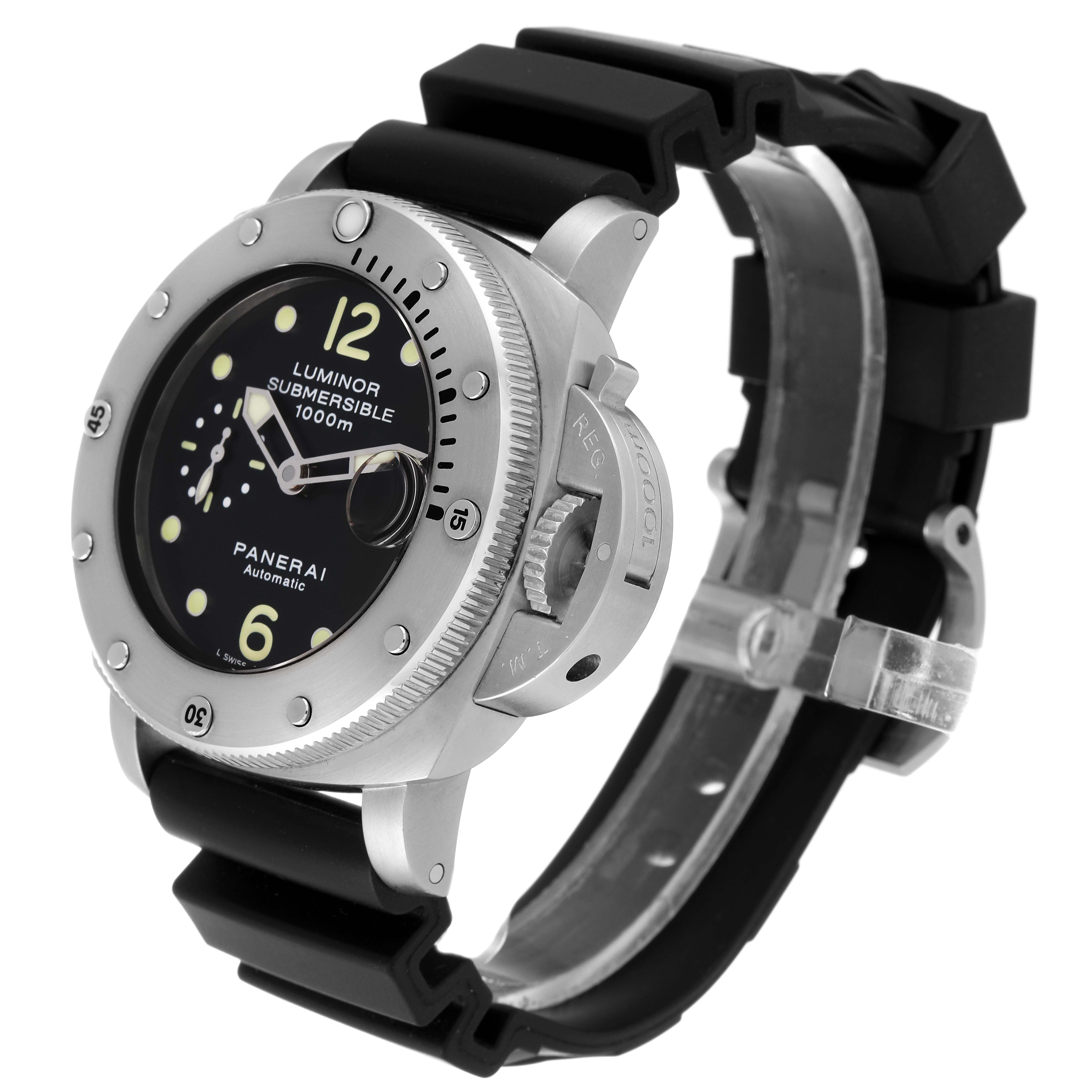 This image shows a Panerai Luminor Submersible watch's front and right side, highlighting its bezel, crown guard, and black strap.