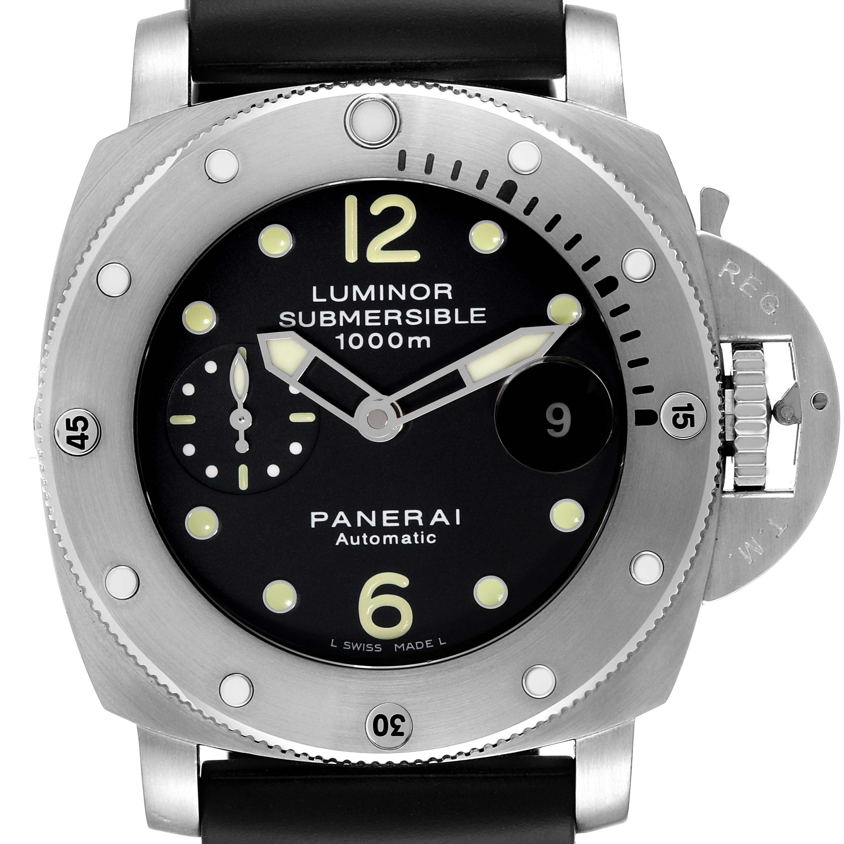 This image shows a front view of the Panerai Luminor Submersible watch, highlighting its dial, bezel, and crown guard.