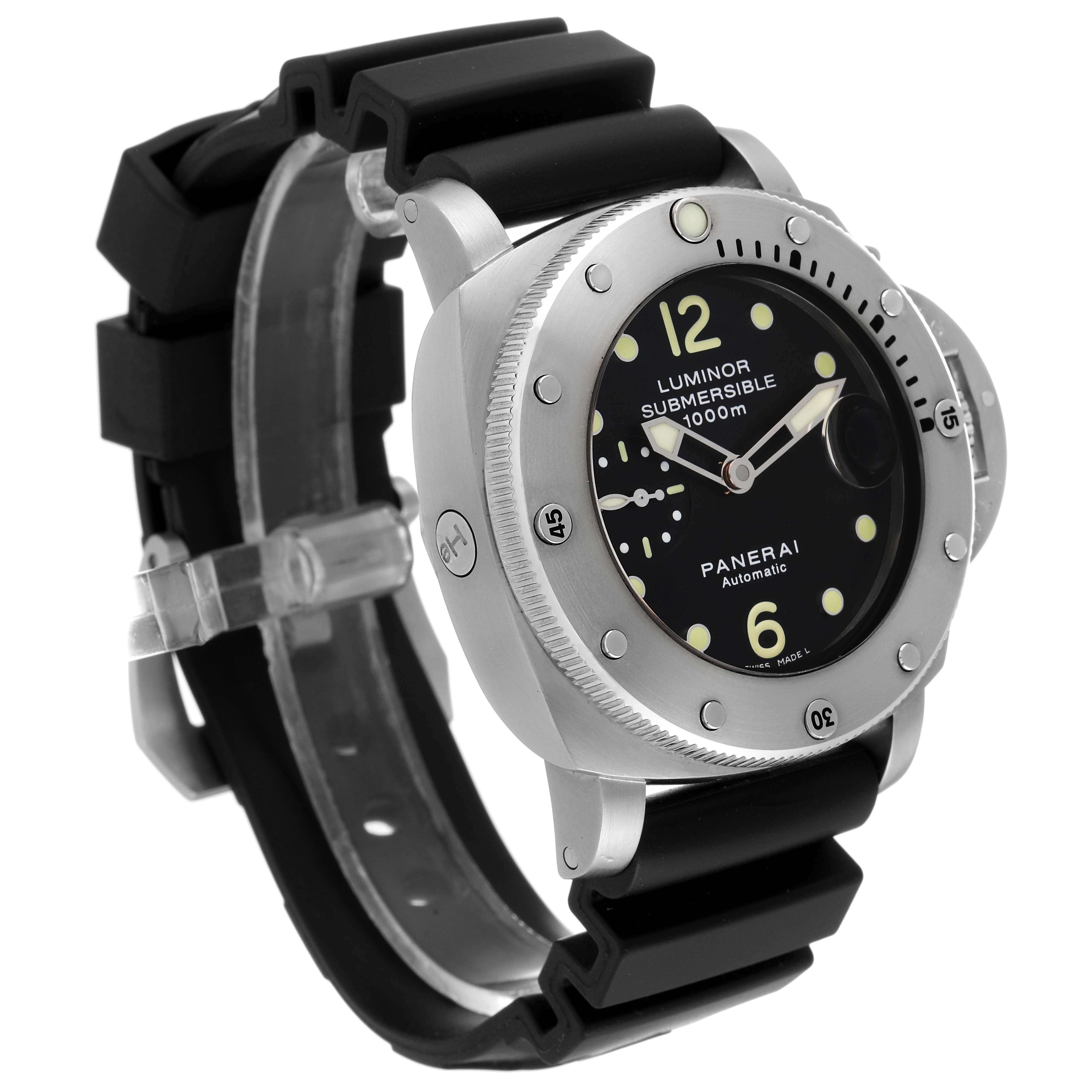 This Panerai Submersible PAM00243 Men's Stainless Steel Black Dial PAM00243 Men's Stainless Steel Black Dial watch is shown at a three-quarter angle, highlighting its bezel, dial, and black strap.