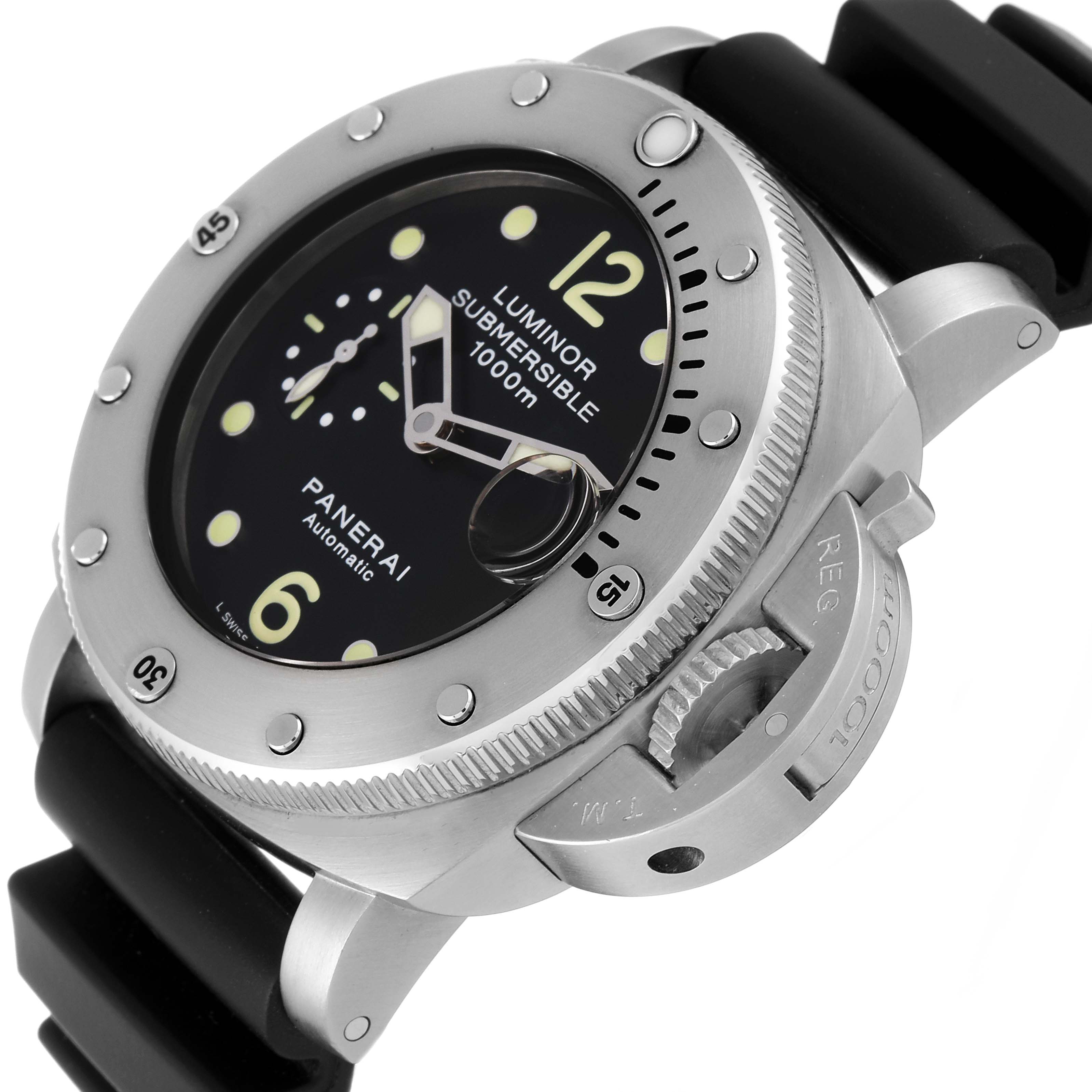 The image shows a close-up angle of a Panerai Luminor Submersible watch, highlighting its bezel, dial, and crown guard.