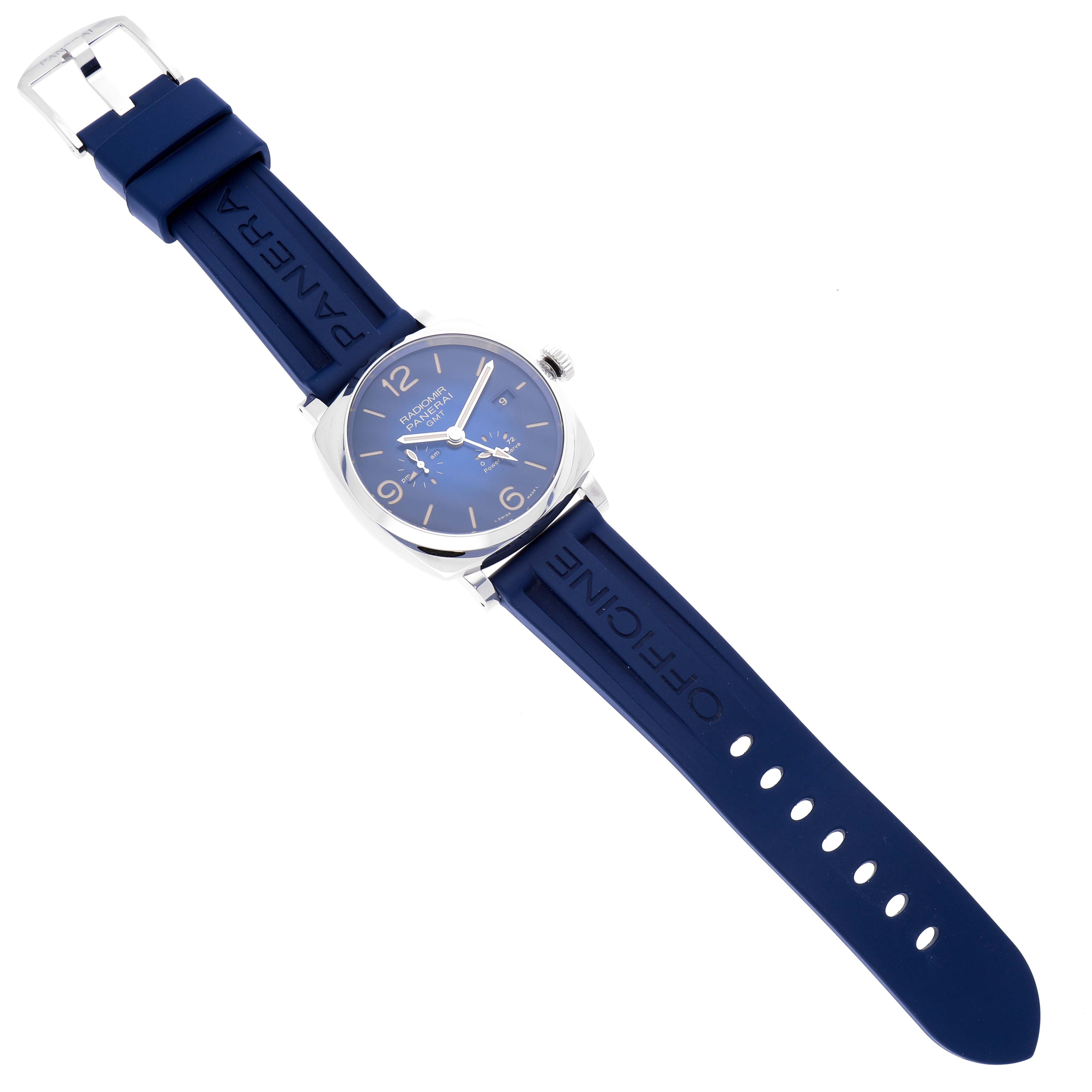 The image shows a Panerai Radiomir PAM00946 Men's Stainless Steel Blue Dial PAM00946 Men's Stainless Steel Blue Dial watch at an angled top view, displaying the face, strap, and buckle.