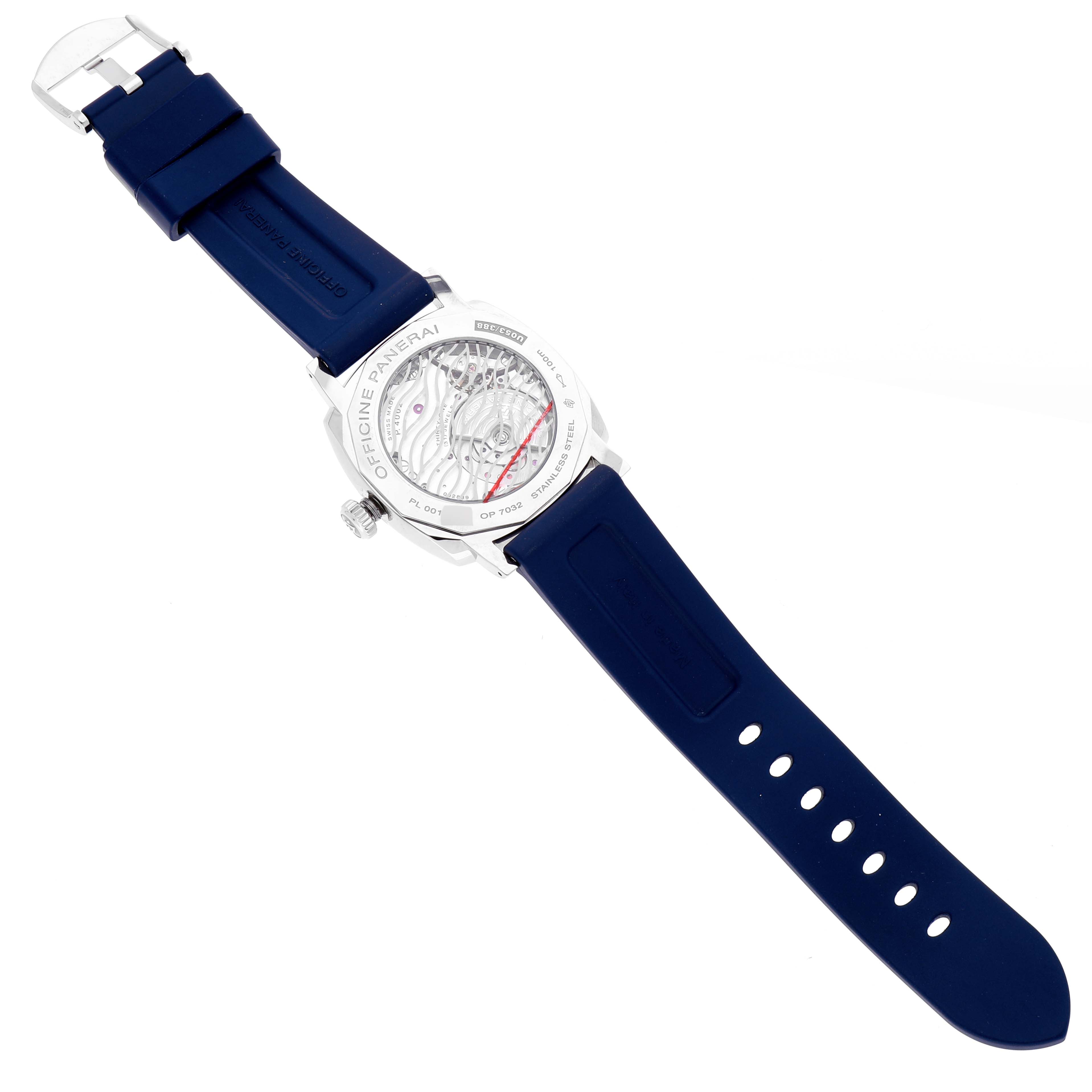 The image shows the back view of a Panerai Radiomir PAM00946 Men's Stainless Steel Blue Dial PAM00946 Men's Stainless Steel Blue Dial watch with its blue straps and visible case back mechanism.