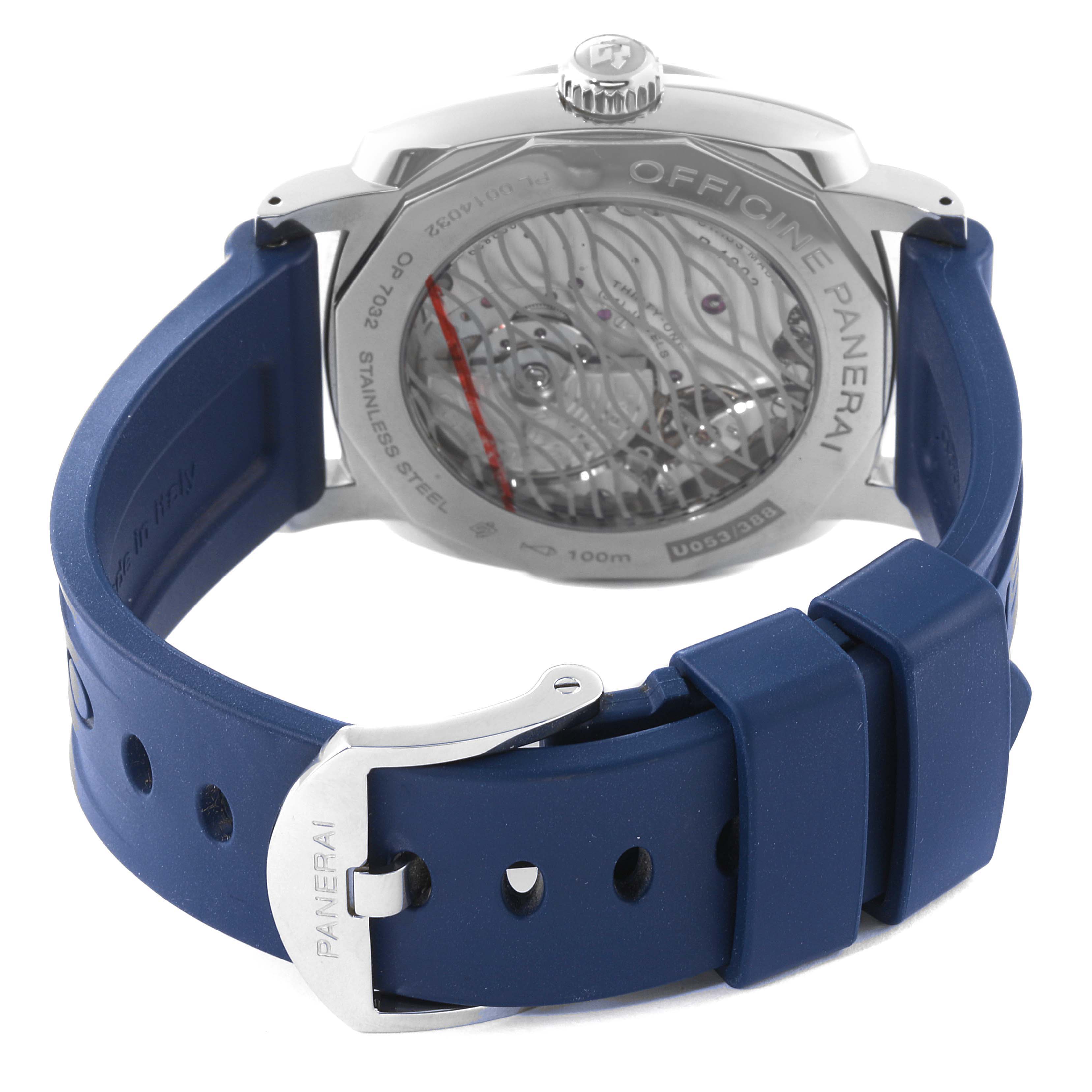 This image shows the back view of a Panerai Radiomir PAM00946 Men's Stainless Steel Blue Dial PAM00946 Men's Stainless Steel Blue Dial watch, featuring its transparent case back and blue strap.