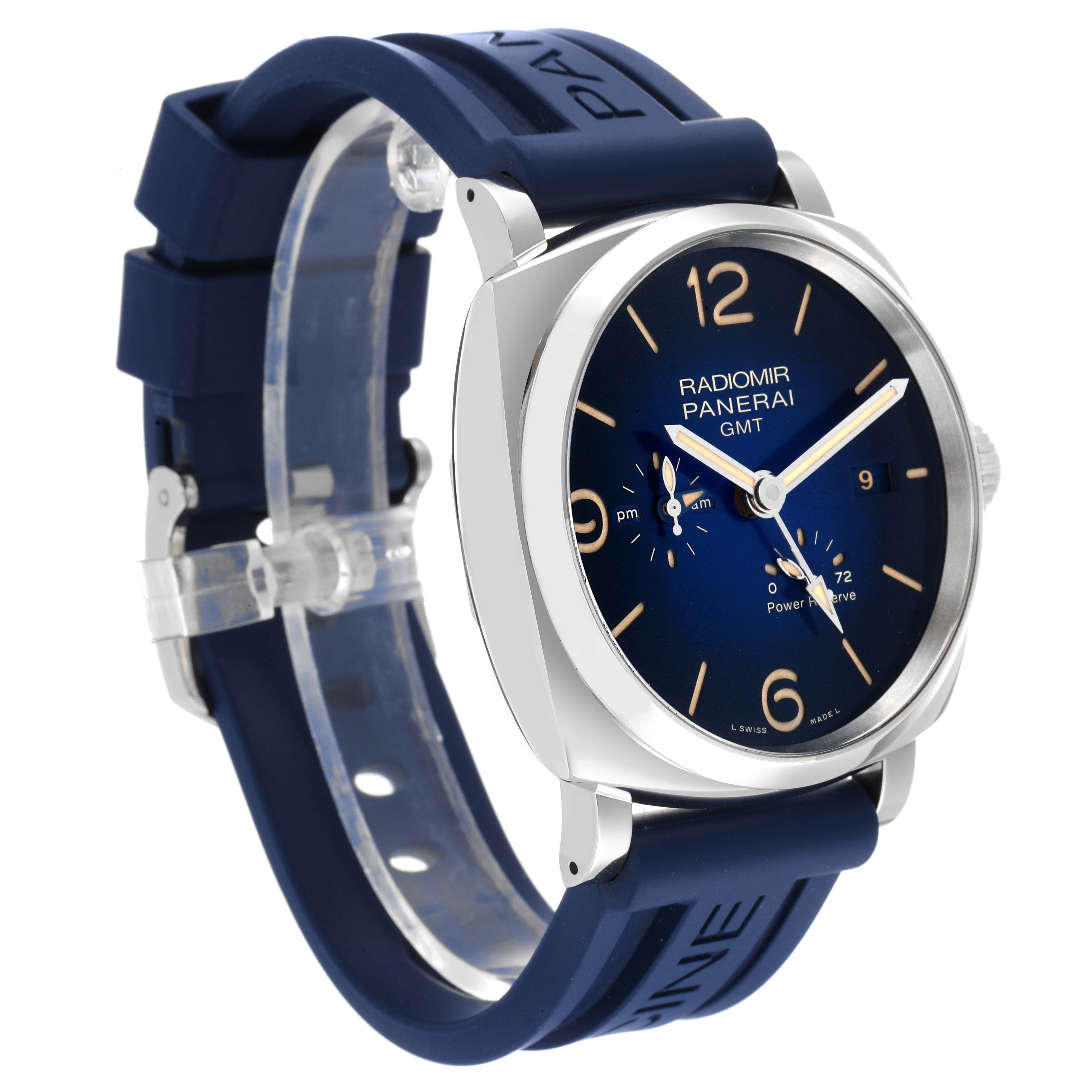 The Panerai Radiomir PAM00946 Men's Stainless Steel Blue Dial PAM00946 Men's Stainless Steel Blue Dial watch is shown at a three-quarter angle, displaying the face, strap, and crown.
