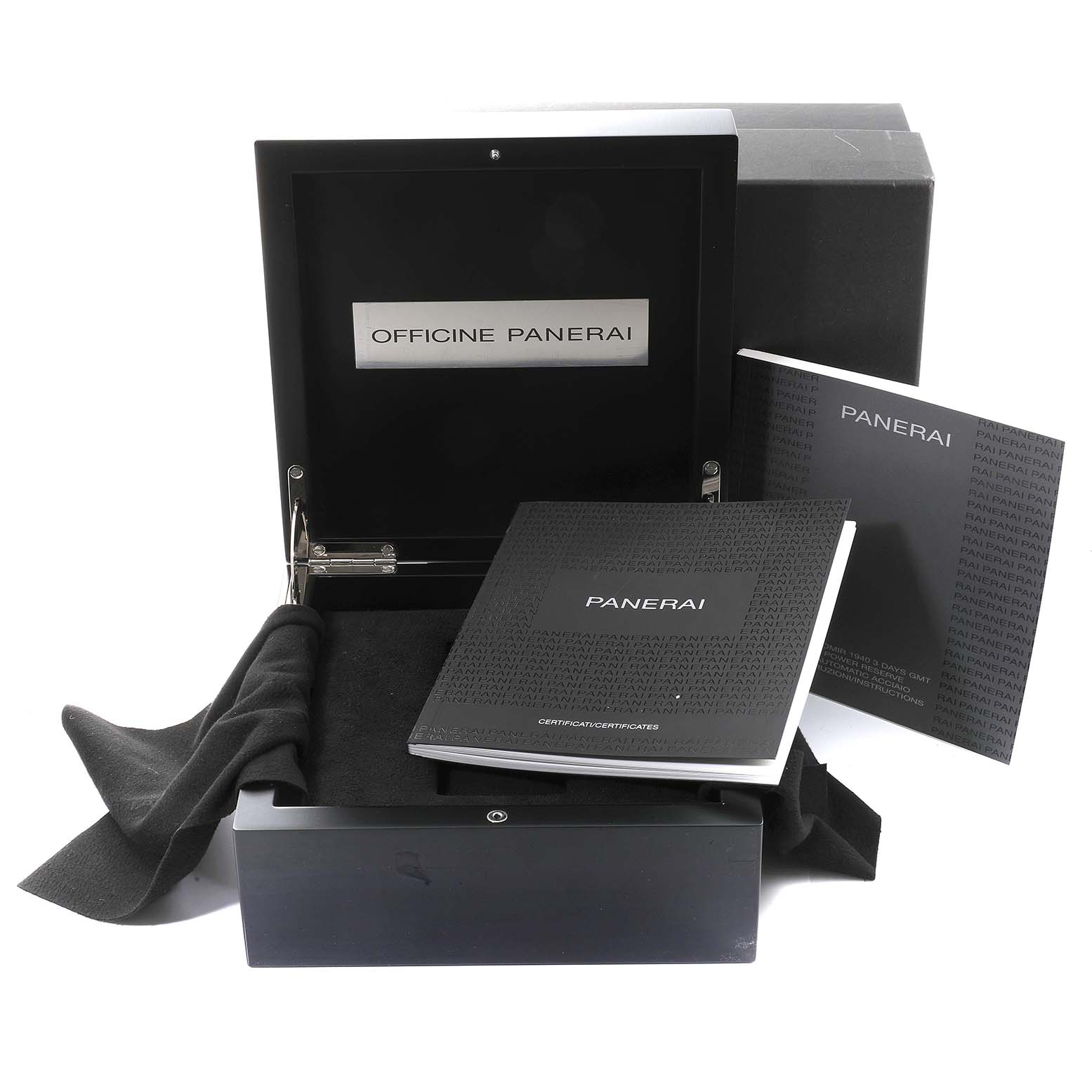The image shows the open box, manuals, and accessories of the Panerai Radiomir PAM00946 Men's Stainless Steel Blue Dial PAM00946 Men's Stainless Steel Blue Dial watch from an above angle.