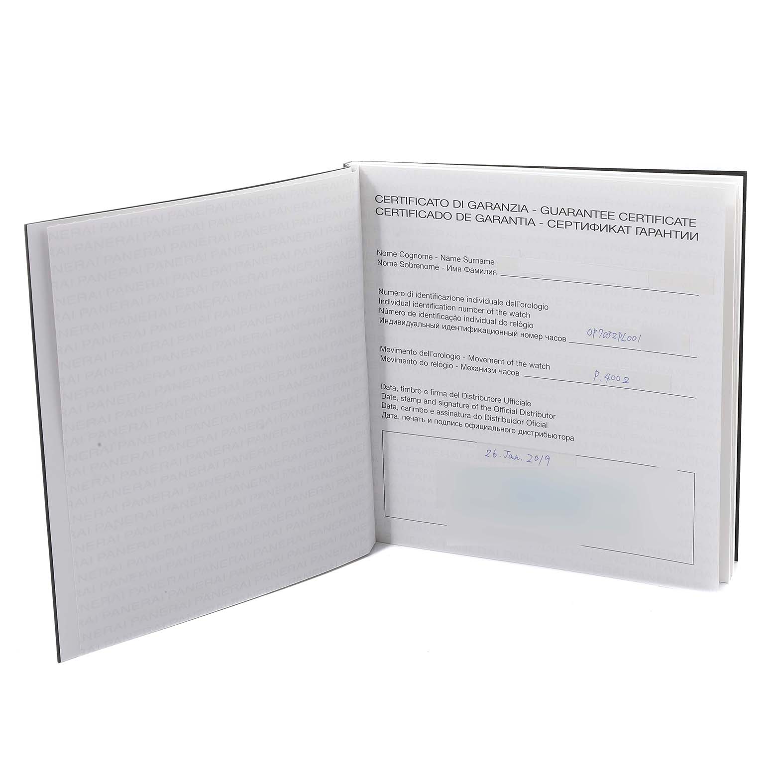 The image shows an open guarantee certificate booklet for a Panerai Radiomir PAM00946 Men's Stainless Steel Blue Dial PAM00946 Men's Stainless Steel Blue Dial watch, dated January 26, 2019.