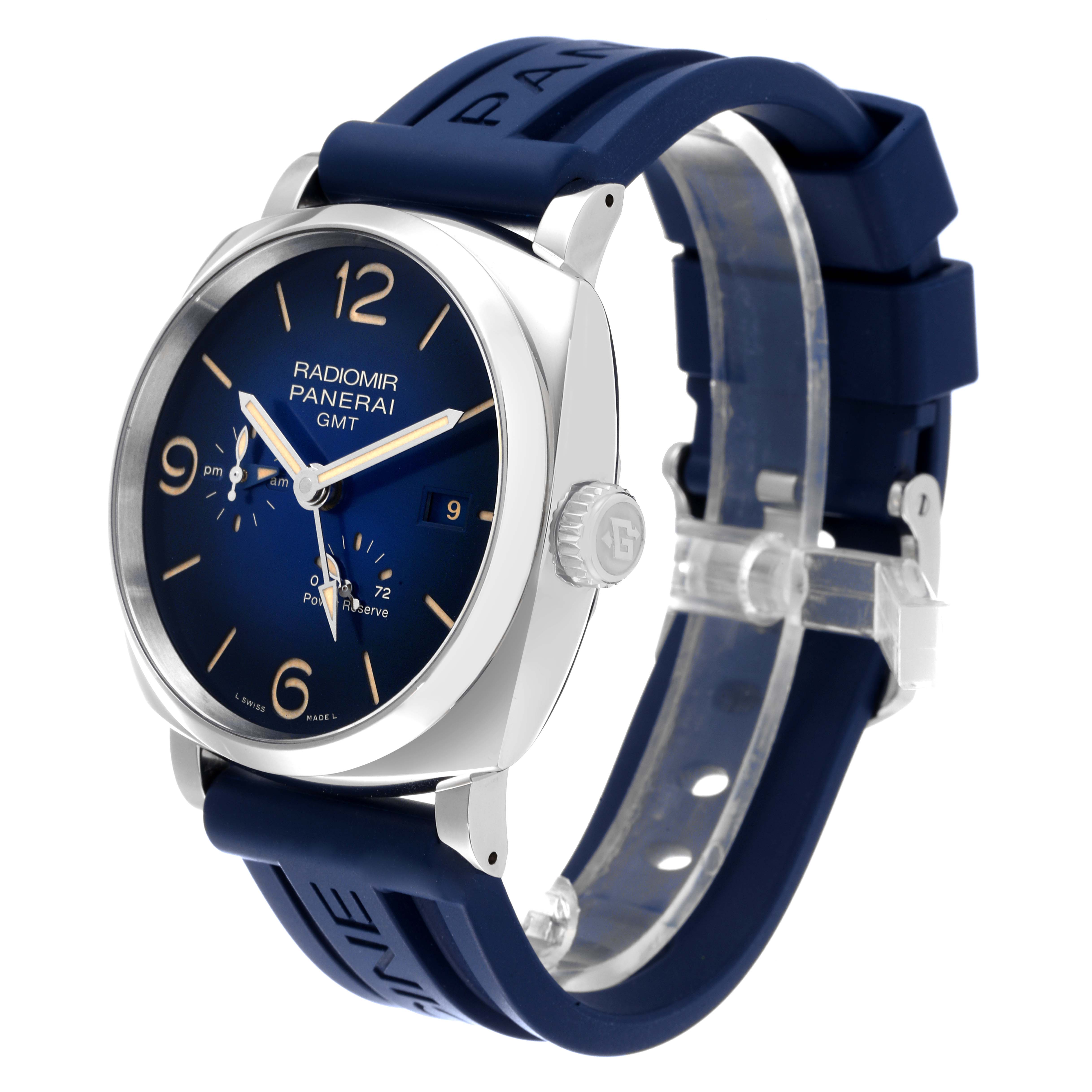 The Panerai Radiomir PAM00946 Men's Stainless Steel Blue Dial PAM00946 Men's Stainless Steel Blue Dial watch is shown at an angle emphasizing the face, crown, and blue strap.