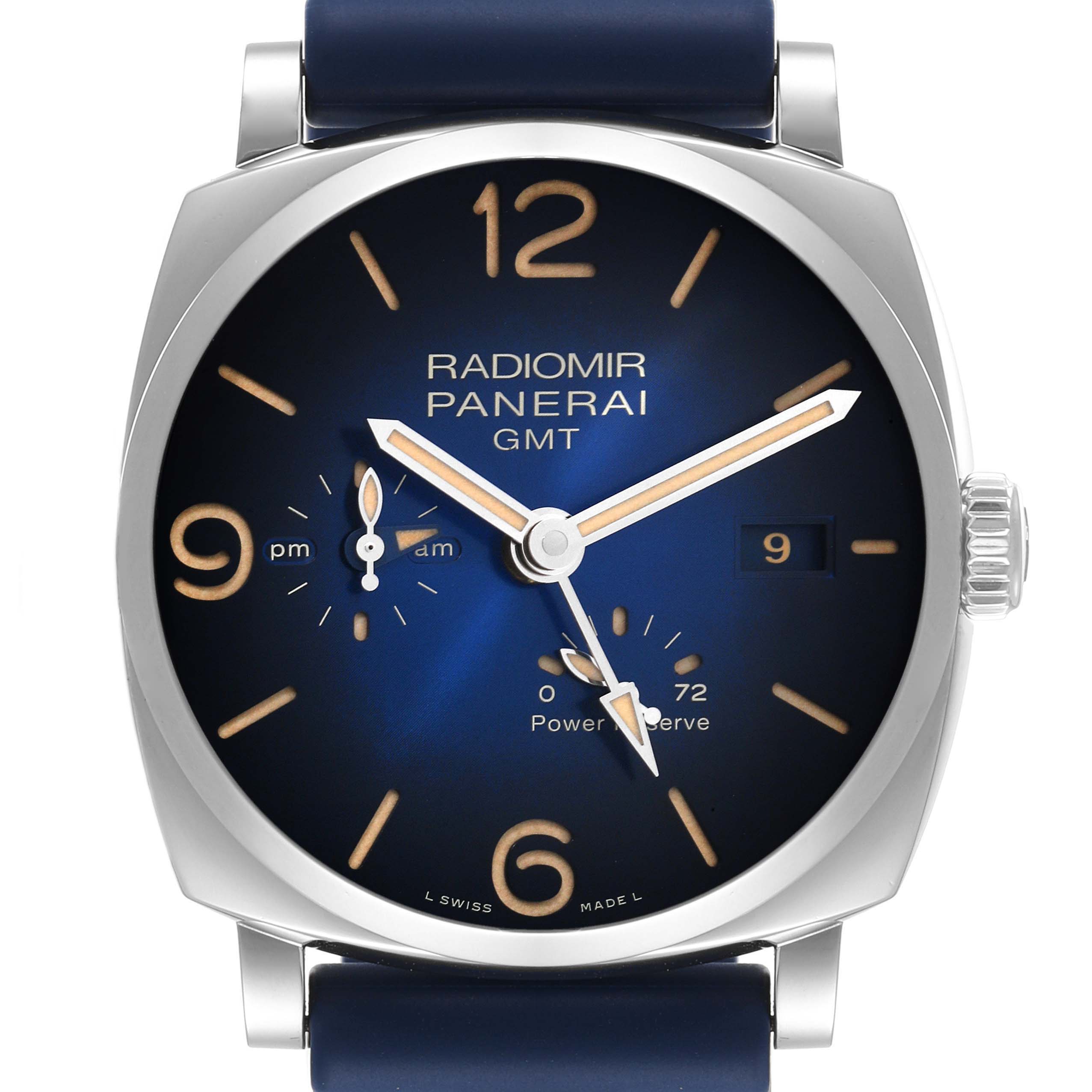 This image shows a front view of the Panerai Radiomir PAM00946 Men's Stainless Steel Blue Dial PAM00946 Men's Stainless Steel Blue Dial GMT watch, displaying the dial, crown, and parts of the strap.