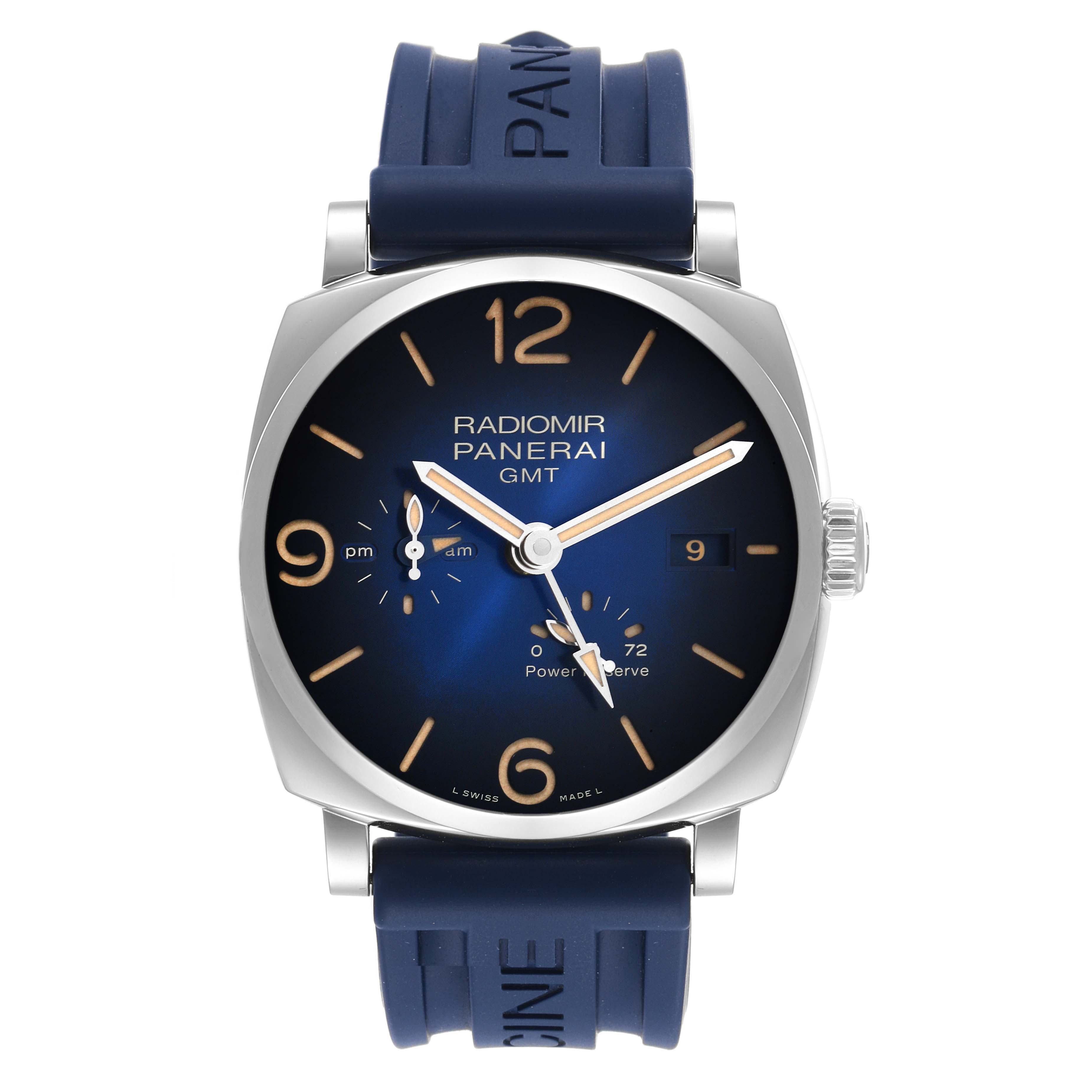 The image shows a front view of the Panerai Radiomir PAM00946 Men's Stainless Steel Blue Dial PAM00946 Men's Stainless Steel Blue Dial GMT watch, highlighting its face, case, and blue strap.