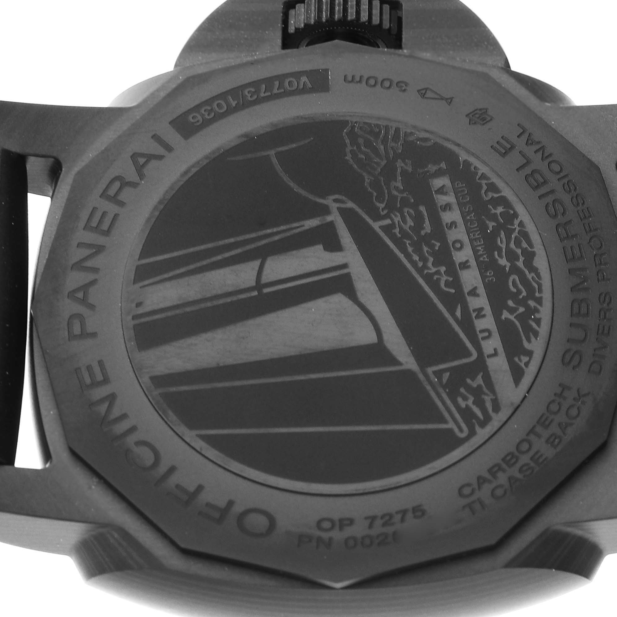 The image shows the case back of a Panerai Submersible PAM01039 Men's Ceramic Grey Dial PAM01039 Men's Ceramic Grey Dial watch at a partially oblique angle.