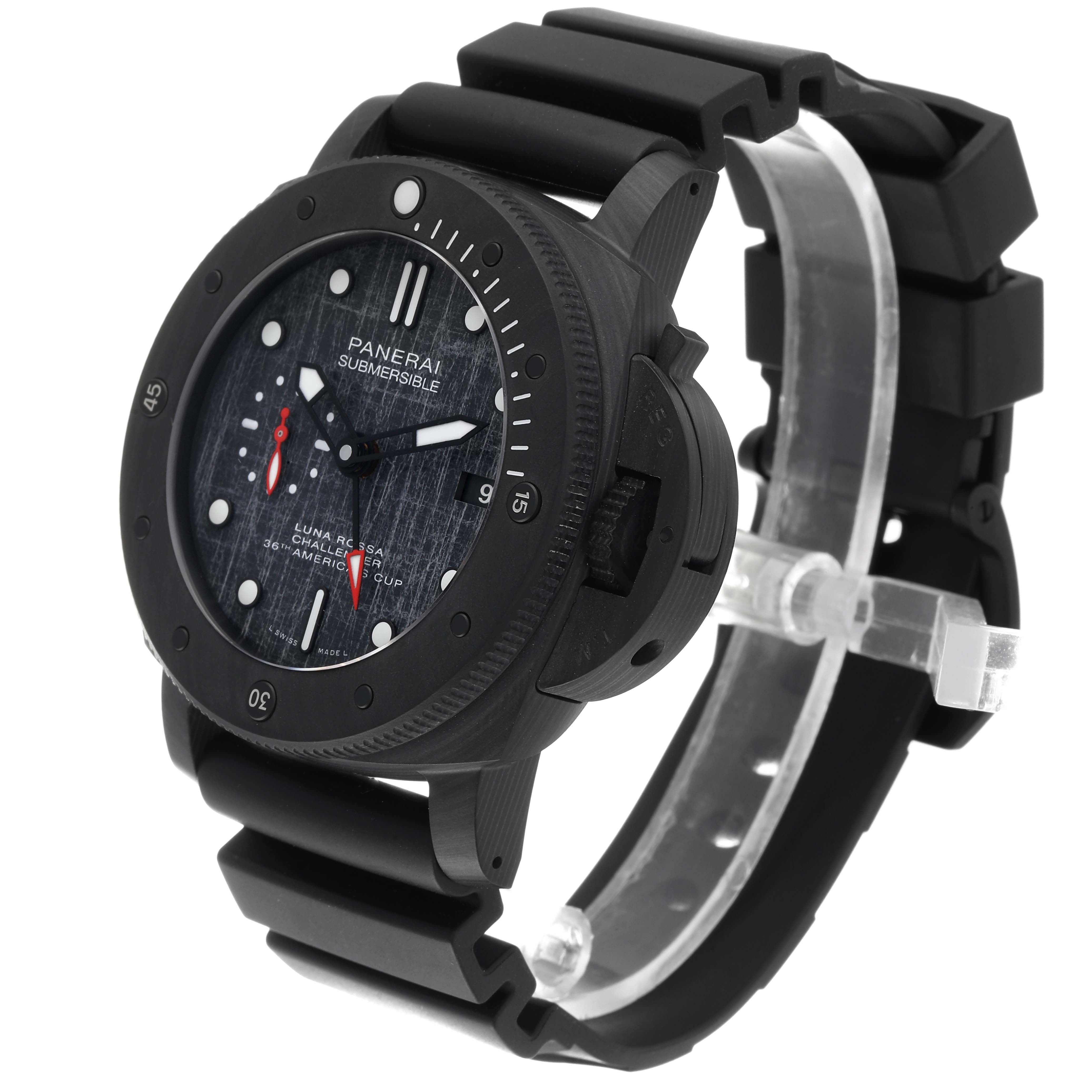 The Panerai Submersible PAM01039 Men's Ceramic Grey Dial PAM01039 Men's Ceramic Grey Dial watch is shown at a three-quarters angle, displaying the dial, bezel, and part of the black rubber strap.