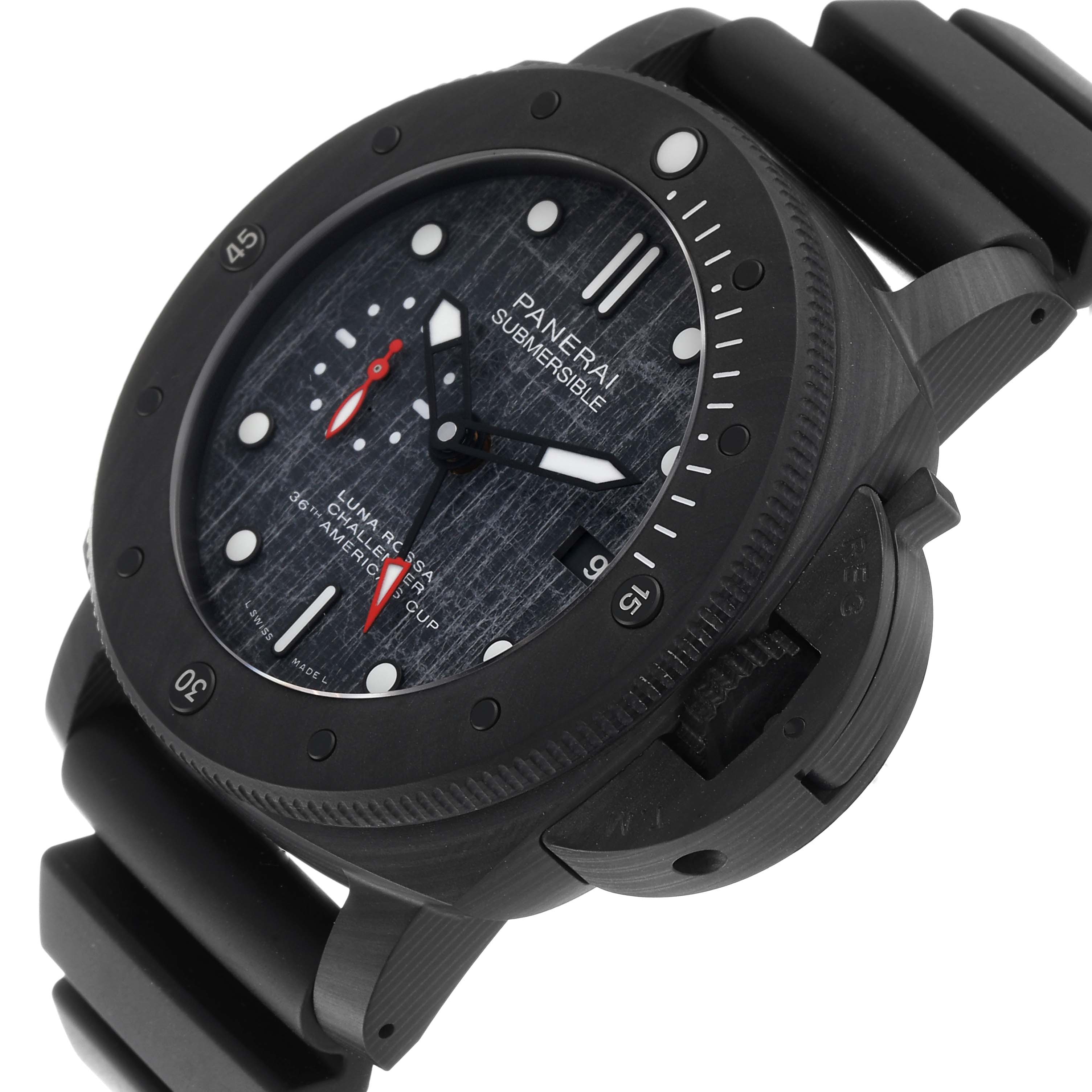 The image shows a close-up side angle of the Panerai Submersible PAM01039 Men's Ceramic Grey Dial PAM01039 Men's Ceramic Grey Dial watch, highlighting the bezel, dial, and strap.