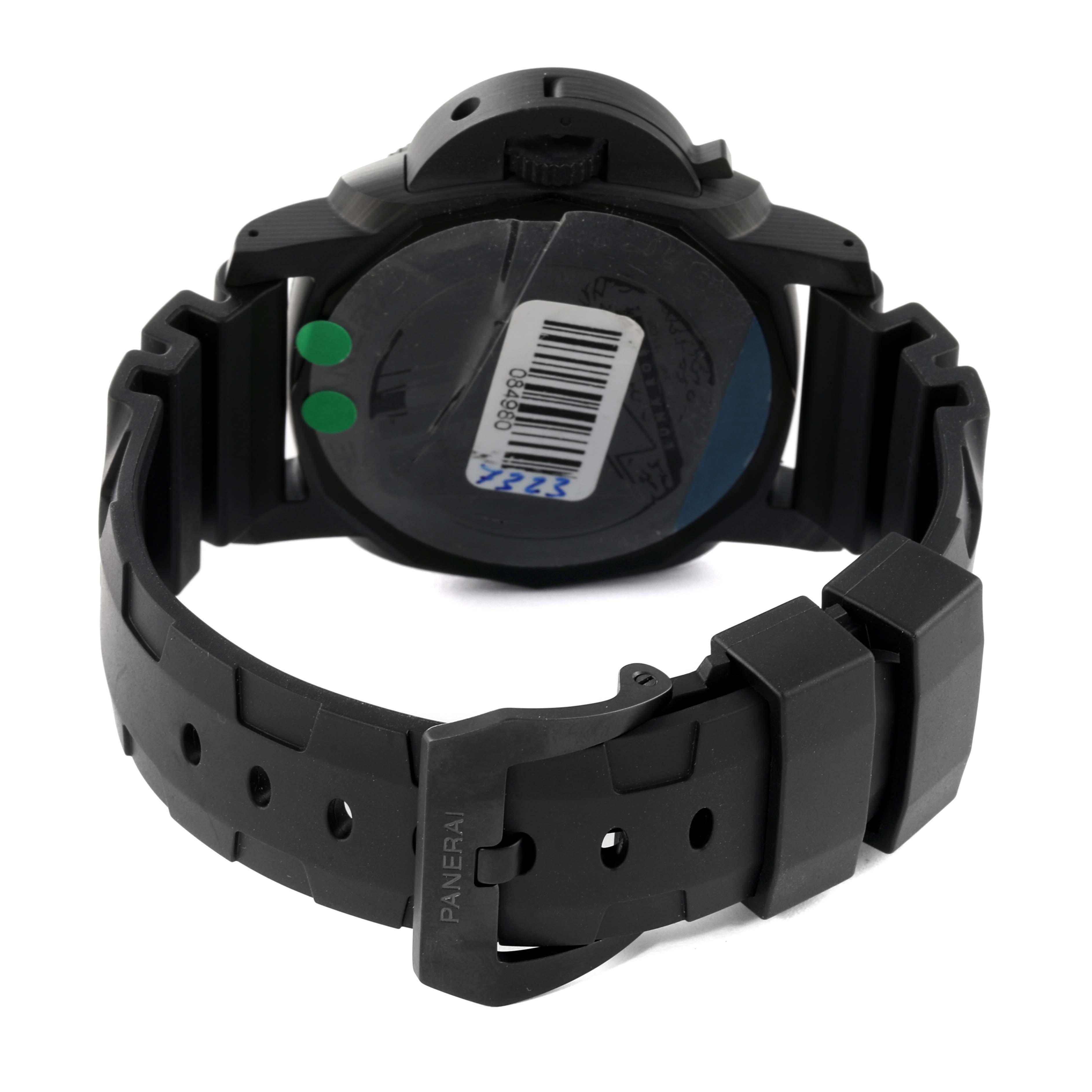 The image shows the back of a Panerai Submersible PAM01039 Men's Ceramic Grey Dial PAM01039 Men's Ceramic Grey Dial watch, highlighting the strap and buckle.