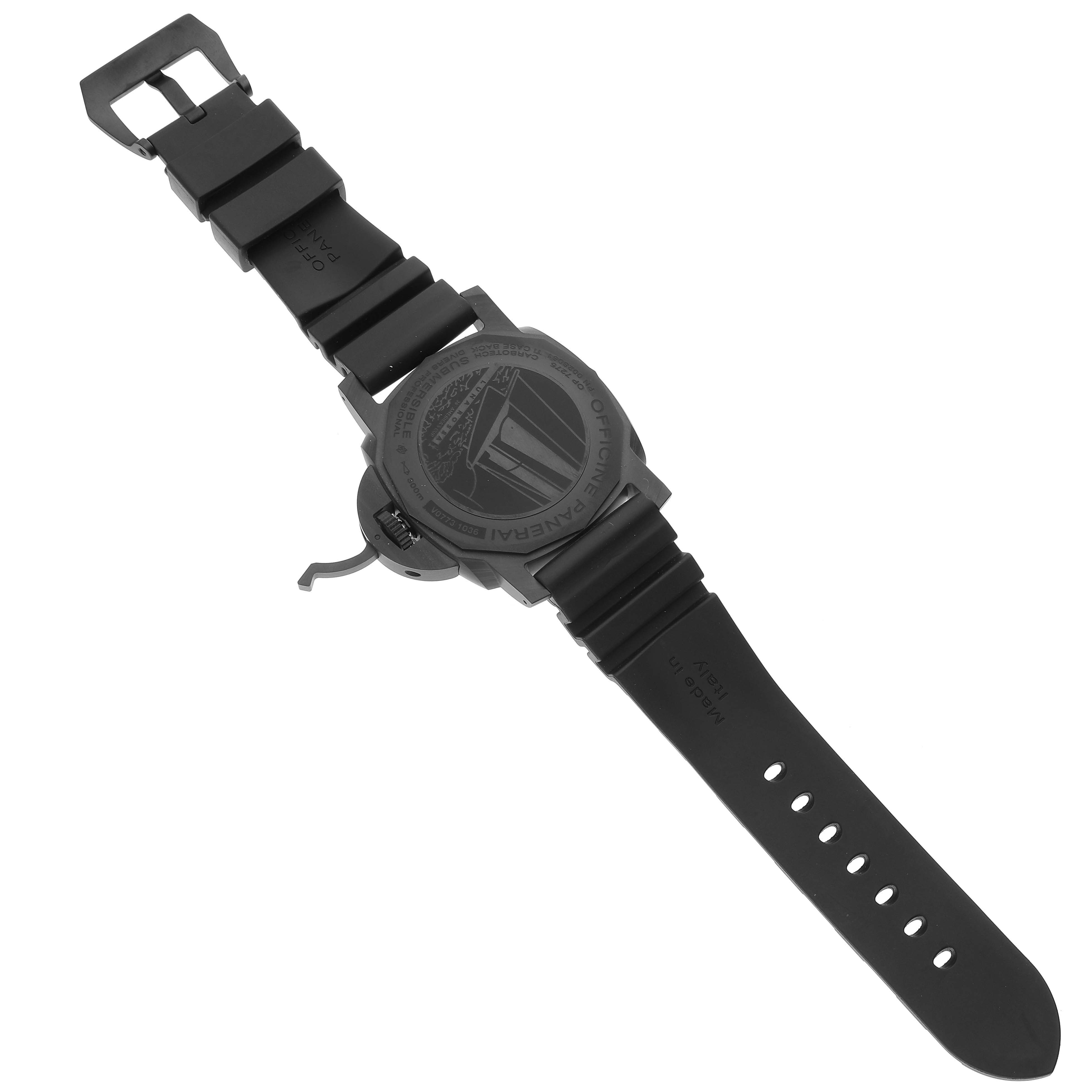 The image shows the back view of a Panerai Submersible PAM01039 Men's Ceramic Grey Dial PAM01039 Men's Ceramic Grey Dial watch with its rubber strap and case back.