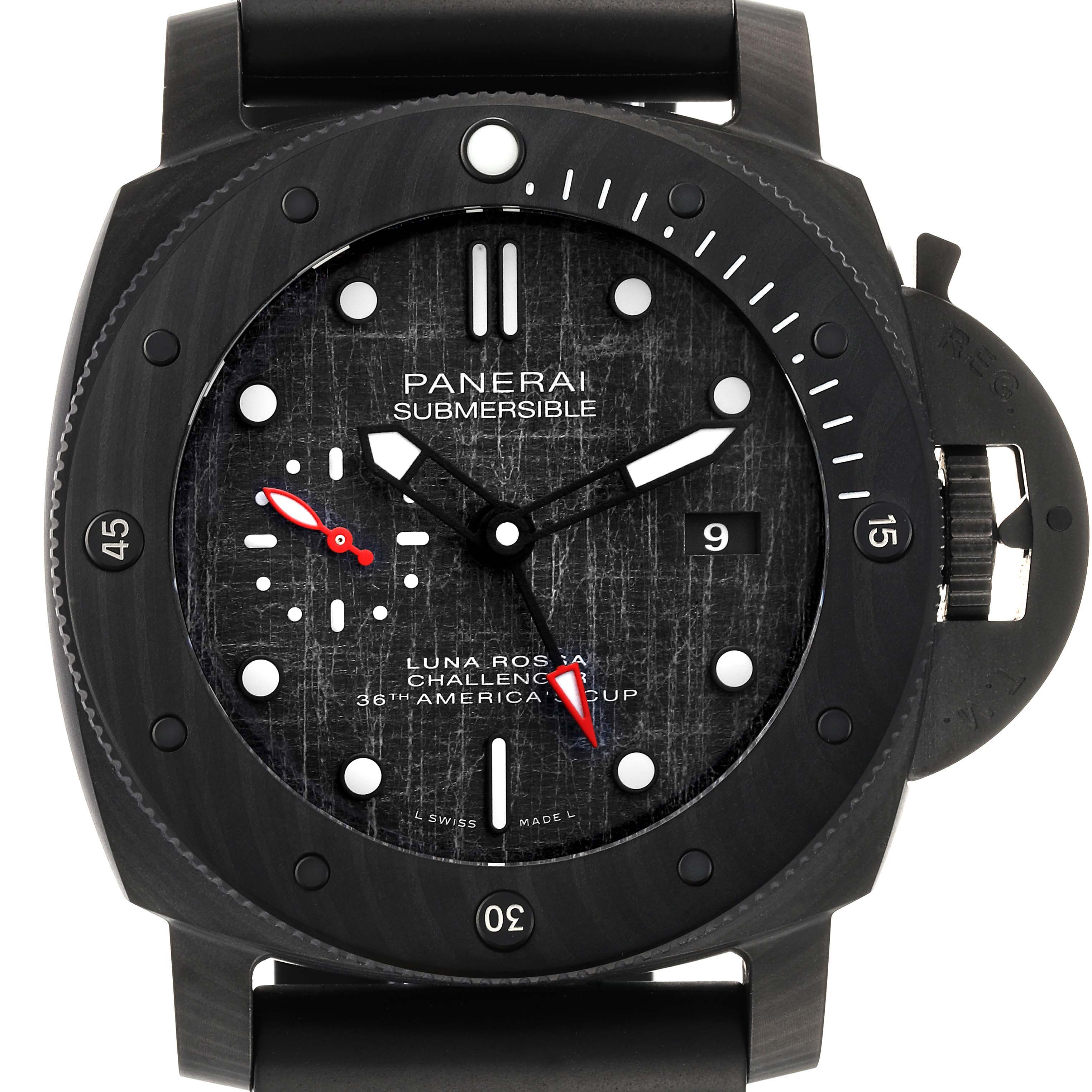 The image shows a front view of the Panerai Submersible PAM01039 Men's Ceramic Grey Dial PAM01039 Men's Ceramic Grey Dial watch, highlighting the dial, hands, bezel, and crown guard.