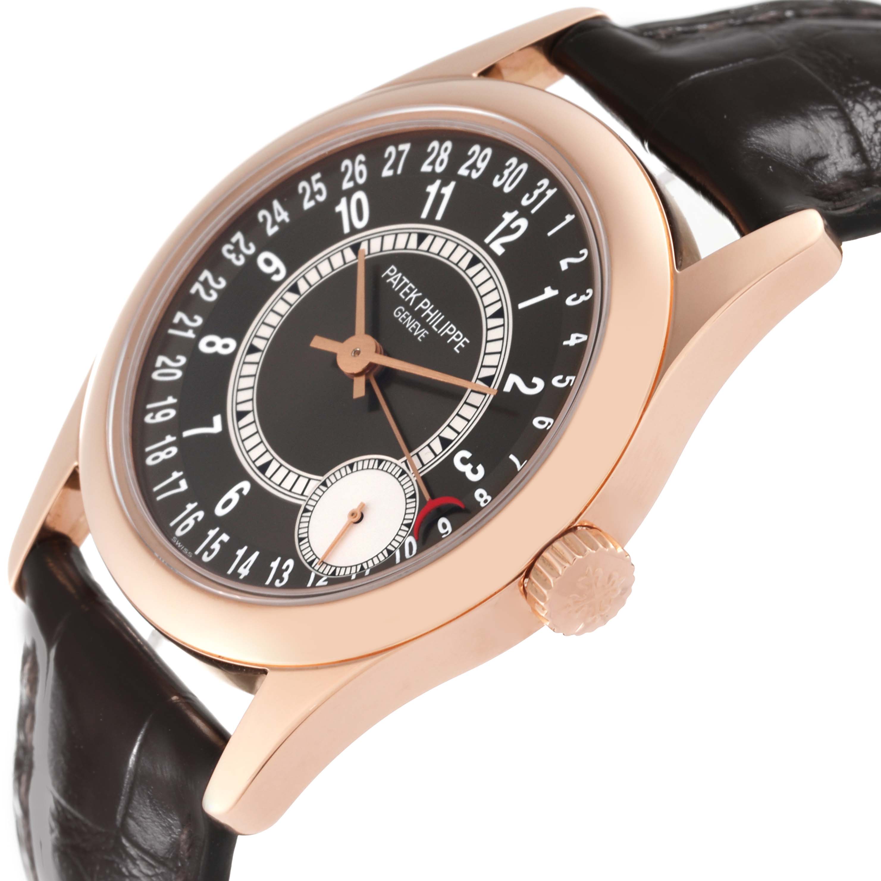 This image shows a side view of the Patek Philippe Calatrava 6000R-001 Men's Rose Gold Brown Dial 6000R-001 Men's Rose Gold Brown Dial watch, highlighting the face, crown, and leather strap.