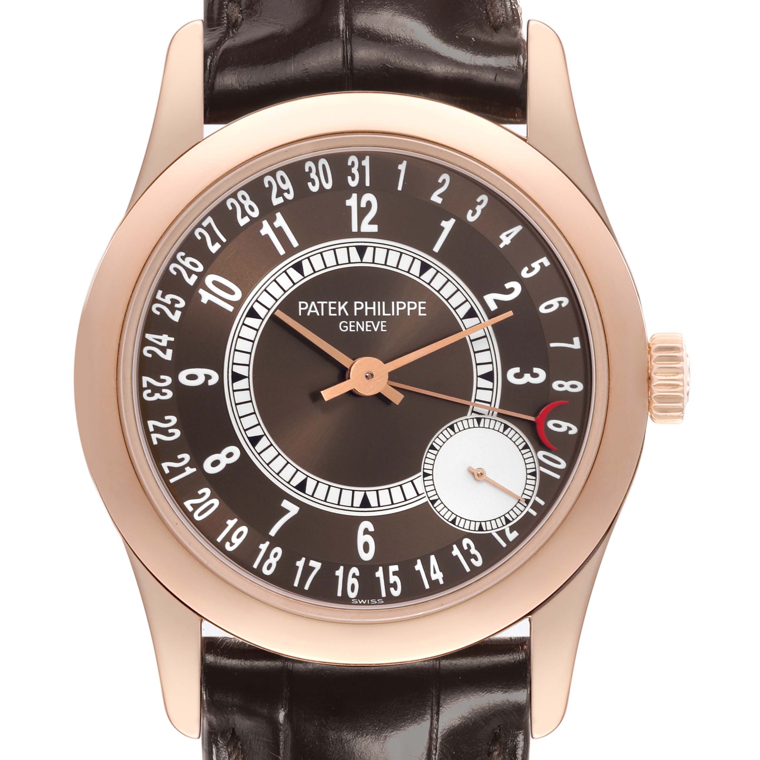 The image shows a Patek Philippe Calatrava 6000R-001 Men's Rose Gold Brown Dial 6000R-001 Men's Rose Gold Brown Dial watch, front view, displaying the dial, hands, casing, and crown.