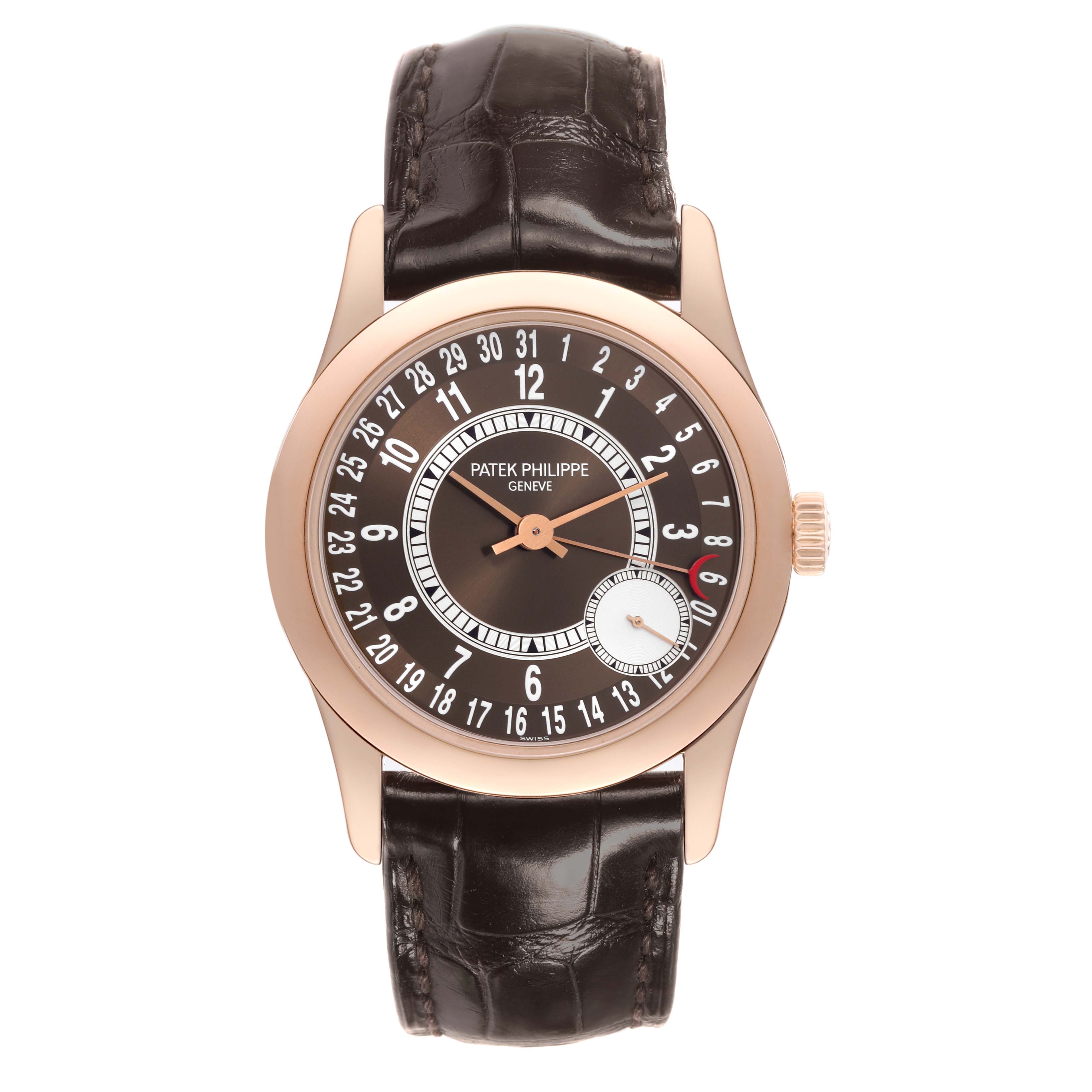 The image shows a front view of a Patek Philippe Calatrava 6000R-001 Men's Rose Gold Brown Dial 6000R-001 Men's Rose Gold Brown Dial watch with a brown strap and a black dial.