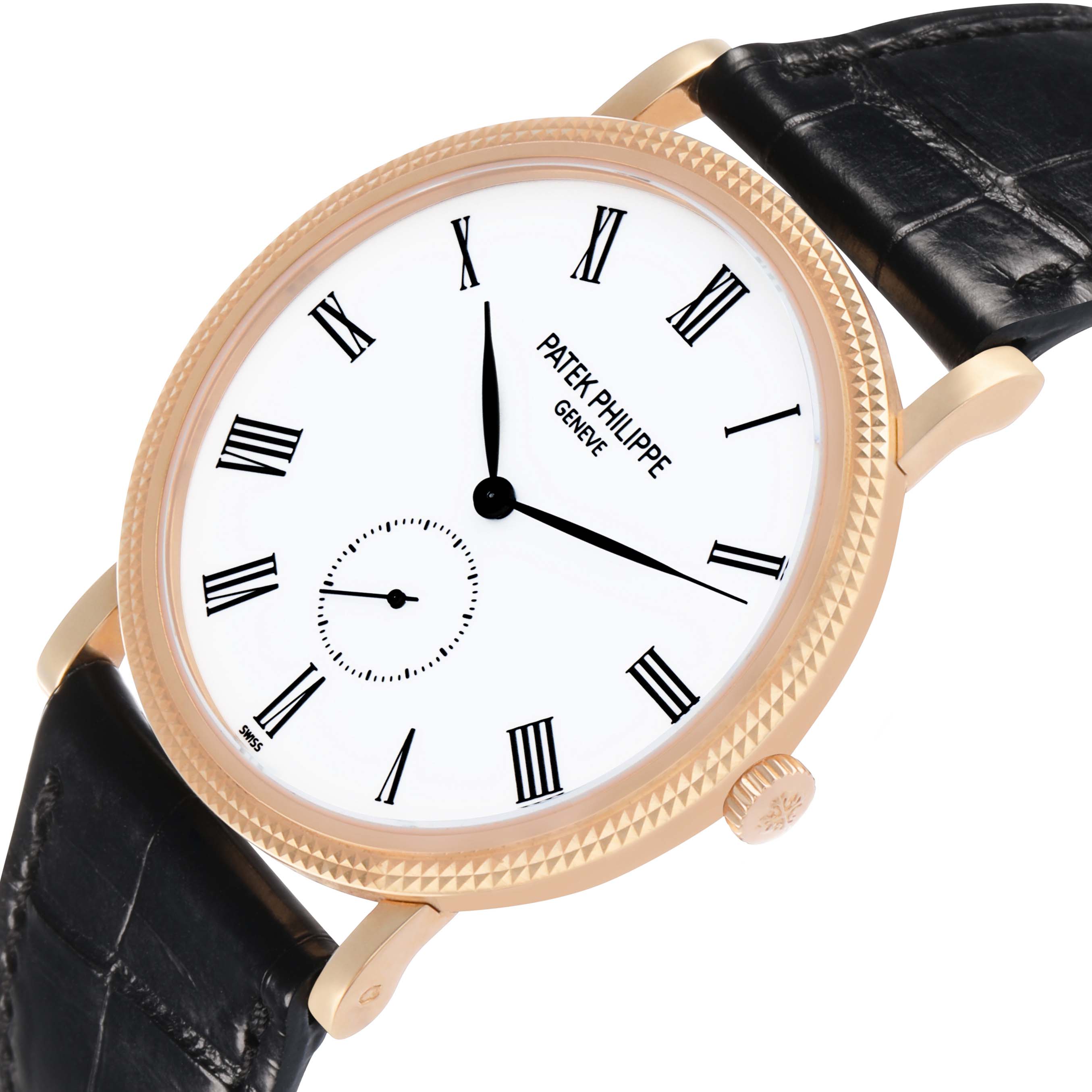 The Patek Philippe Calatrava 5119R Men's Rose Gold White Dial watch is shown at an oblique angle, displaying its dial, bezel, crown, and black leather strap.