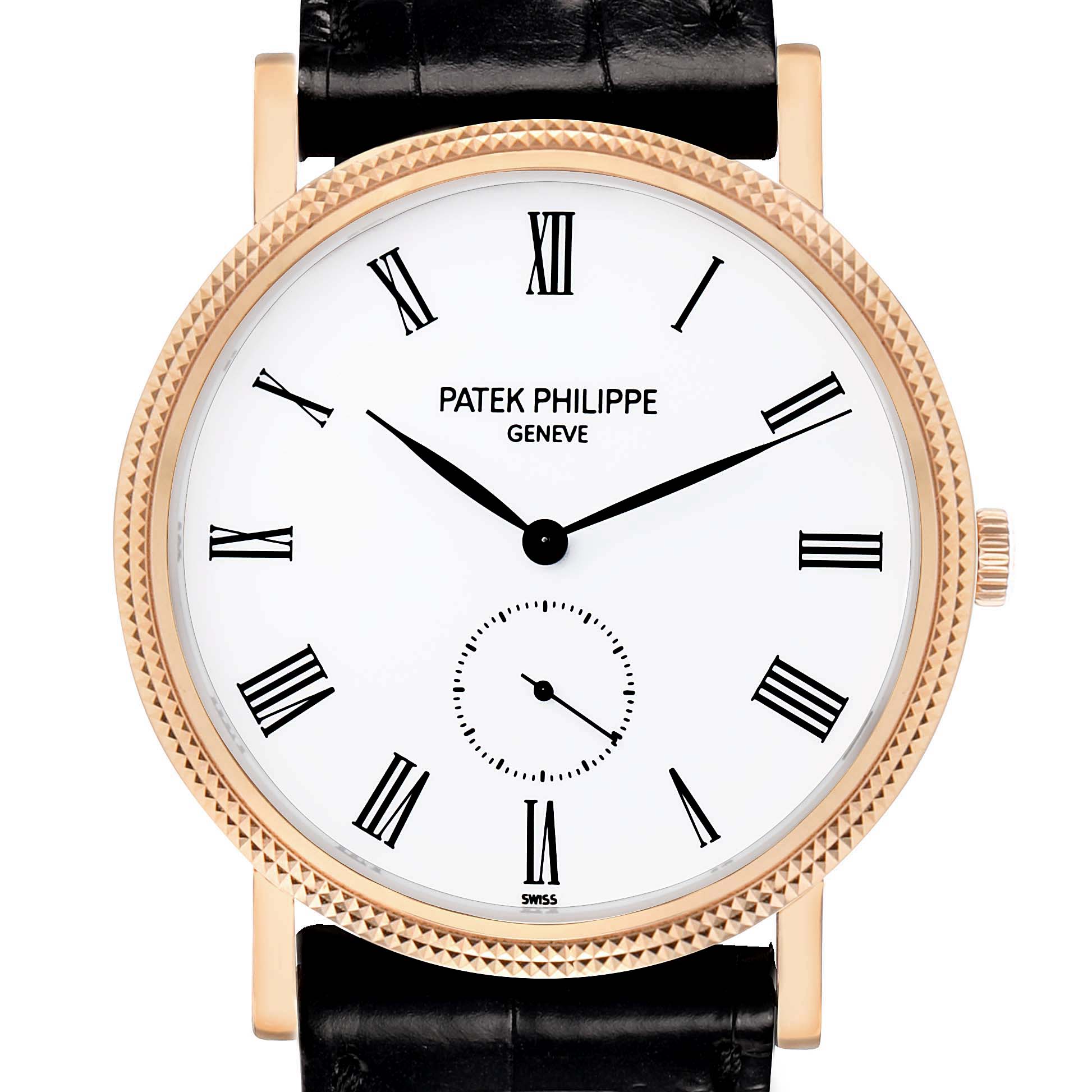 The image shows a front view of the Patek Philippe Calatrava 5119R Men's Rose Gold White Dial, highlighting the dial, hands, bezel, and strap attachment.