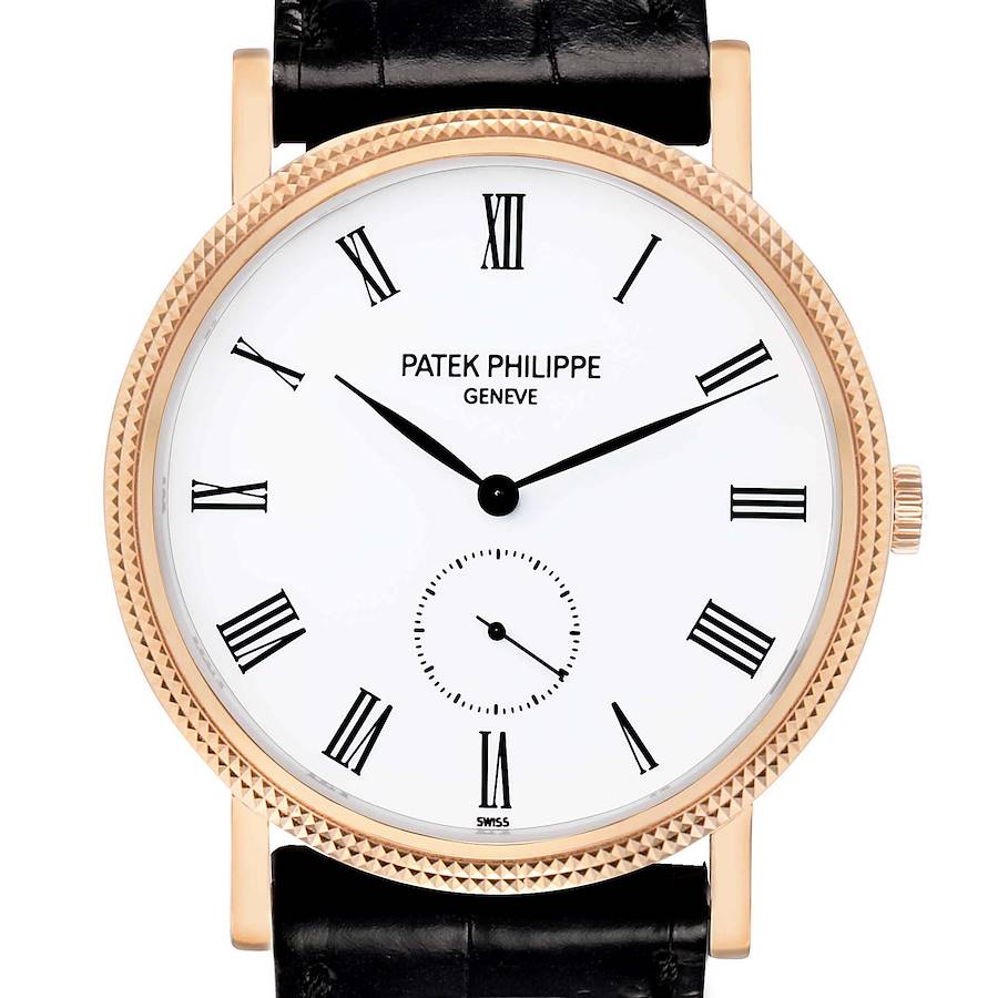 The image shows a front view of the Patek Philippe Calatrava 5119R Men's Rose Gold White Dial, highlighting the dial, hands, bezel, and strap attachment.