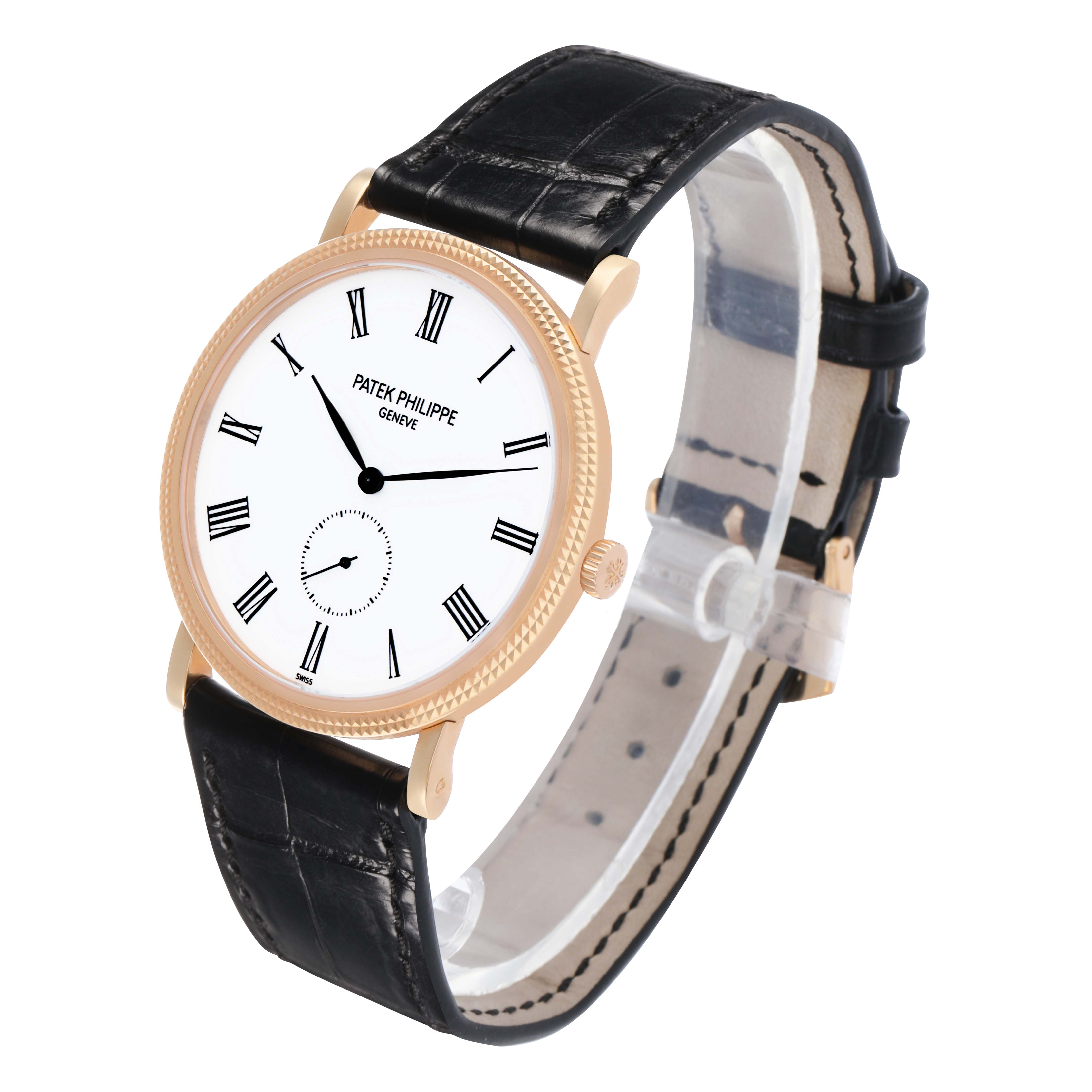 The Patek Philippe Calatrava 5119R Men's Rose Gold White Dial watch is shown at a slight angle, displaying the face, bezel, and strap.