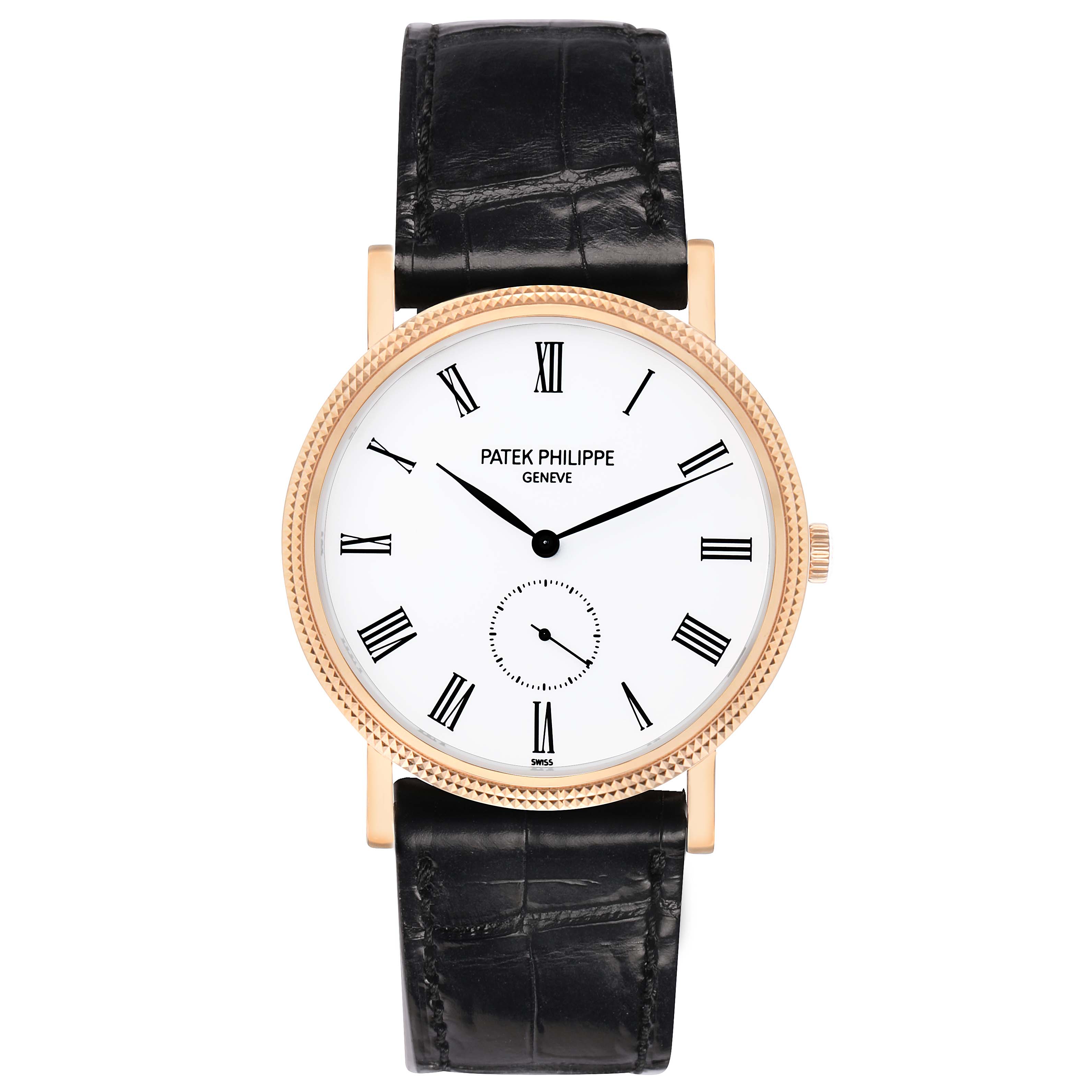 The Patek Philippe Calatrava 5119R Men's Rose Gold White Dial watch is shown from a frontal angle, displaying the entire face, strap, and side crown.