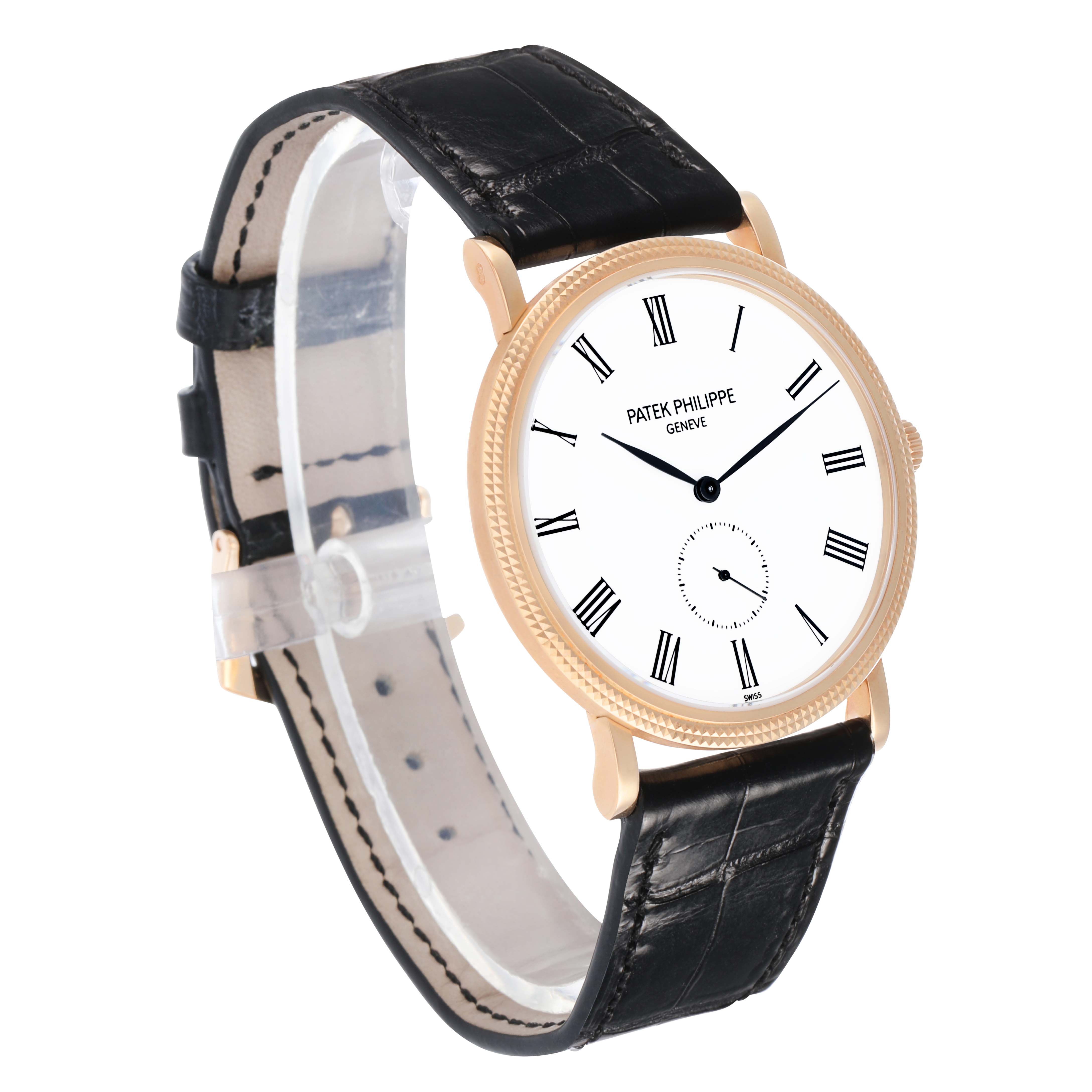 The Patek Philippe Calatrava 5119R Men's Rose Gold White Dial watch is shown at an angled view, displaying the face, bezel, and black leather strap.