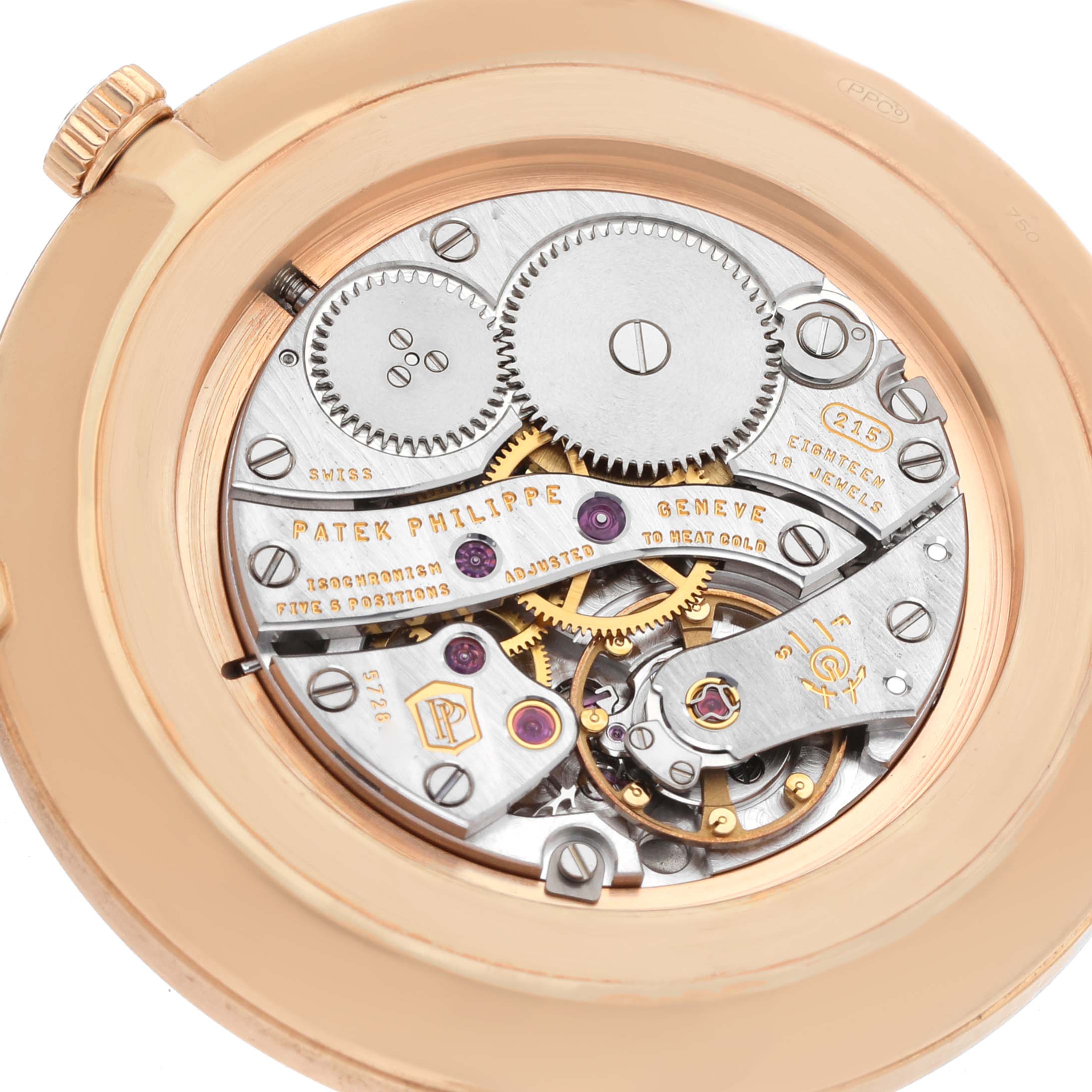 The image shows the movement and internal workings of a Patek Philippe Calatrava 5119R Men's Rose Gold White Dial watch from a back view.