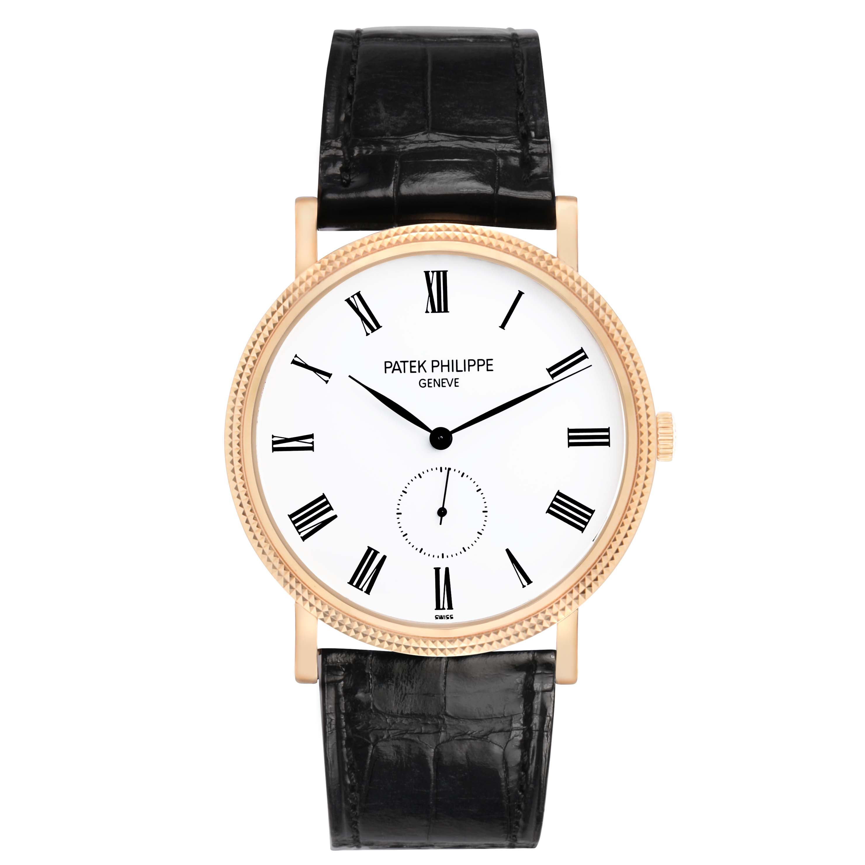 The Patek Philippe Calatrava 5119R Men's Rose Gold White Dial watch is shown from a front angle, highlighting its dial, bezel, and leather strap.