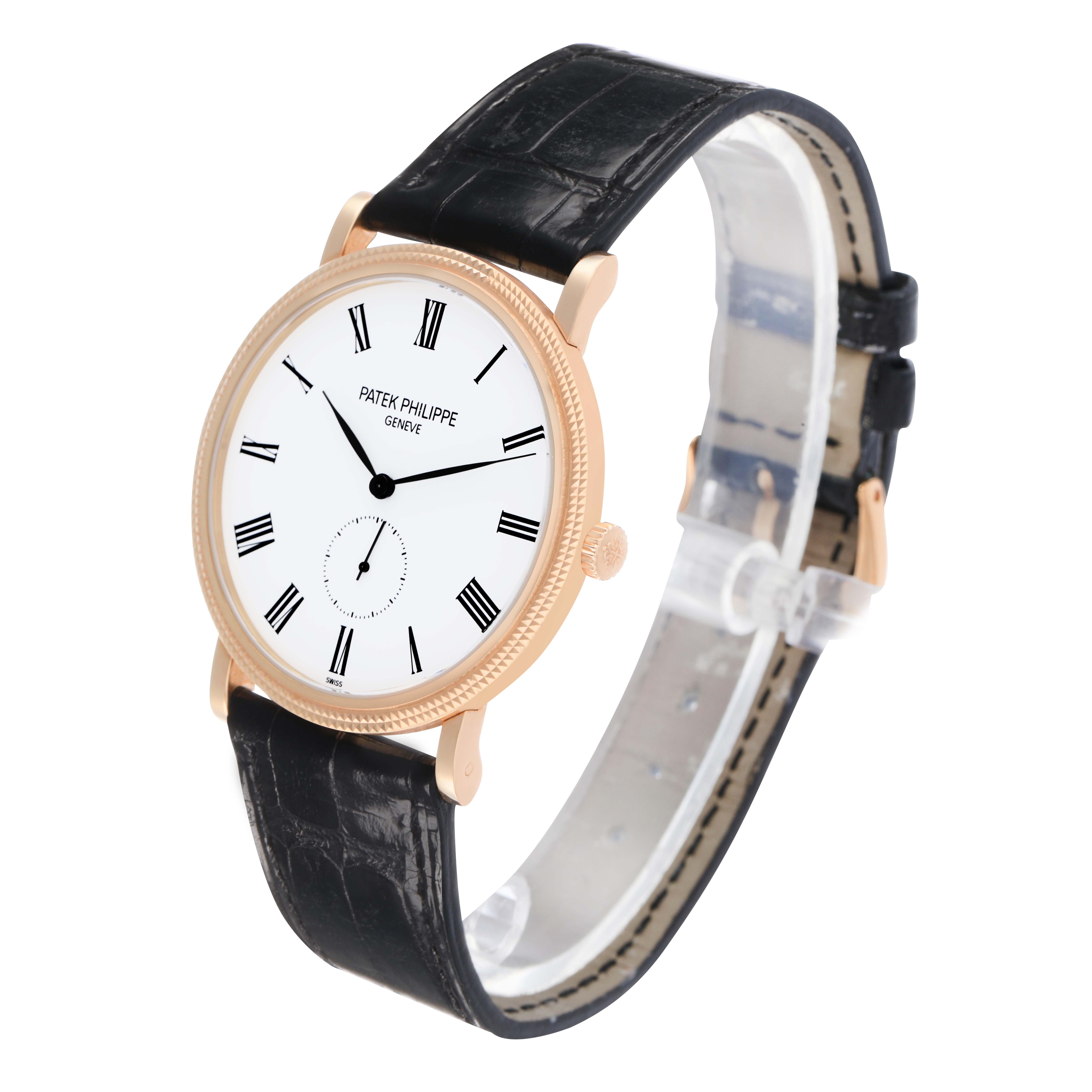 The Patek Philippe Calatrava 5119R Men's Rose Gold White Dial watch is shown at a three-quarter angle, highlighting the dial, hands, case, crown, and leather strap.