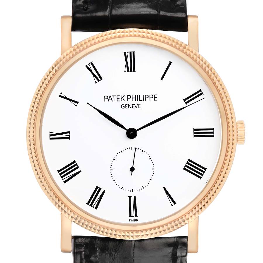The Patek Philippe Calatrava 5119R Men's Rose Gold White Dial watch is shown from the front, displaying the face, Roman numerals, hands, bezel, crown, and strap.