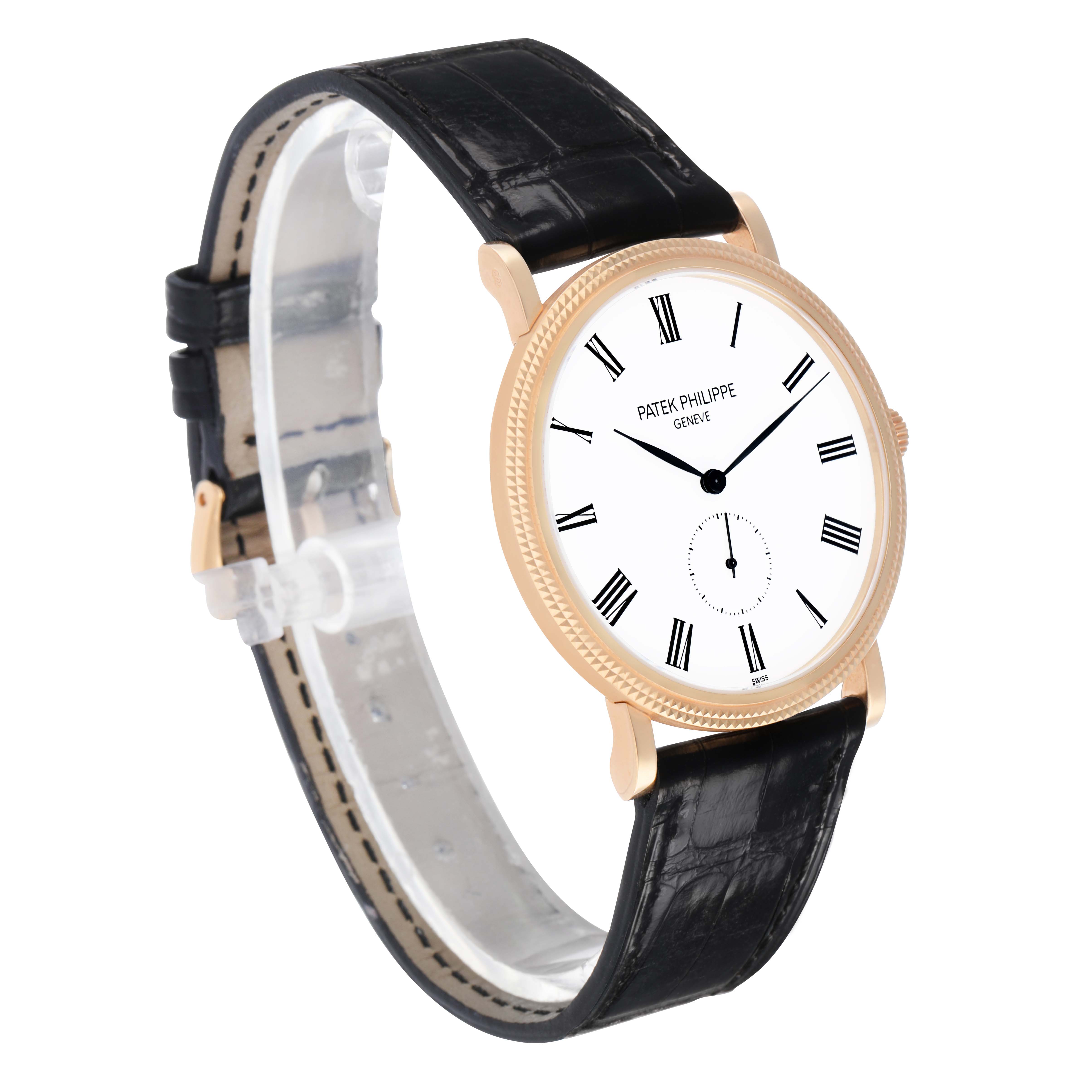 The Patek Philippe Calatrava 5119R Men's Rose Gold White Dial watch is shown from a front-side angle, featuring its white dial, Roman numerals, and black leather strap.