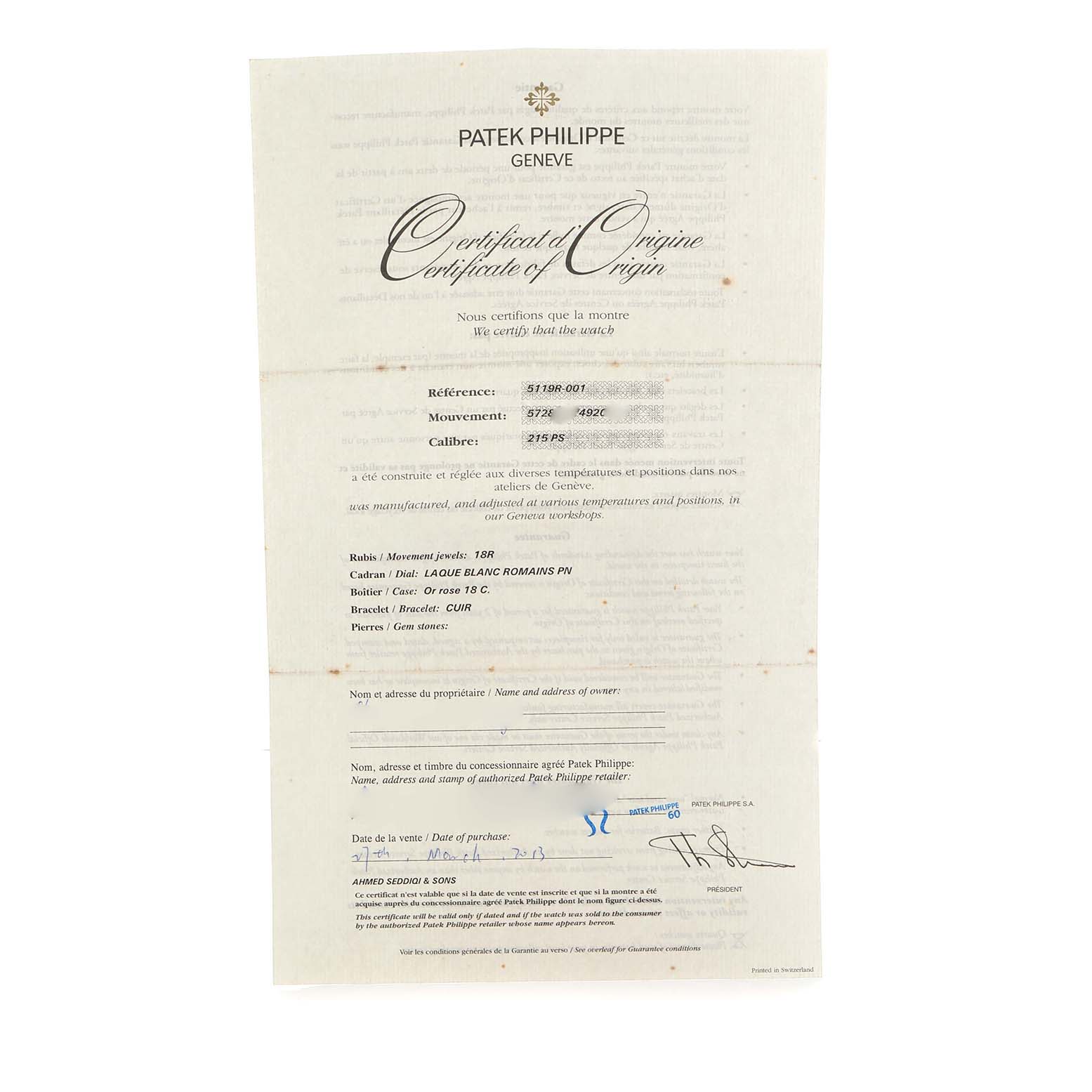The image shows the Certificate of Origin for a Patek Philippe Calatrava 5119R Men's Rose Gold White Dial watch.